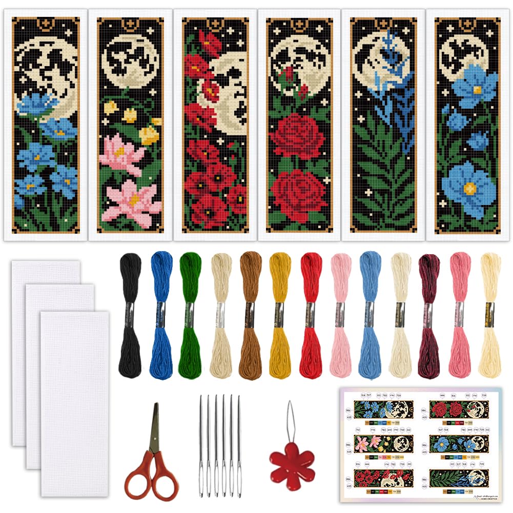 ORIGACH 6 Set Gothic Style Flowers & Full Moon Cross Stitch Bookmark Kit for Beginner with Backing Felt Floss Instructions DIY Stamped Embroidery Bookmark Kit for Adults, Book Lovers