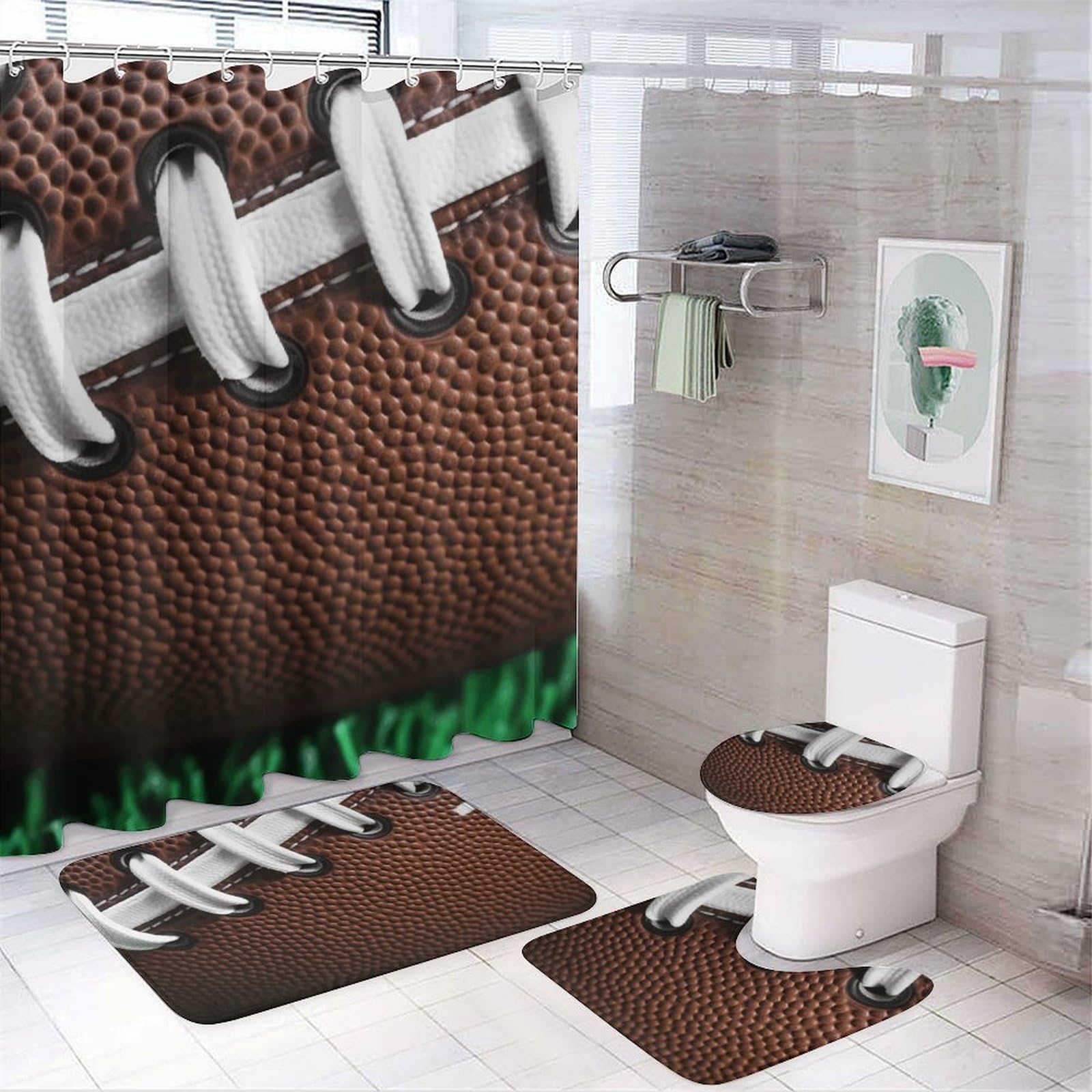 Tapis de bain football américain et rideau assorti pour une salle de bain sportive