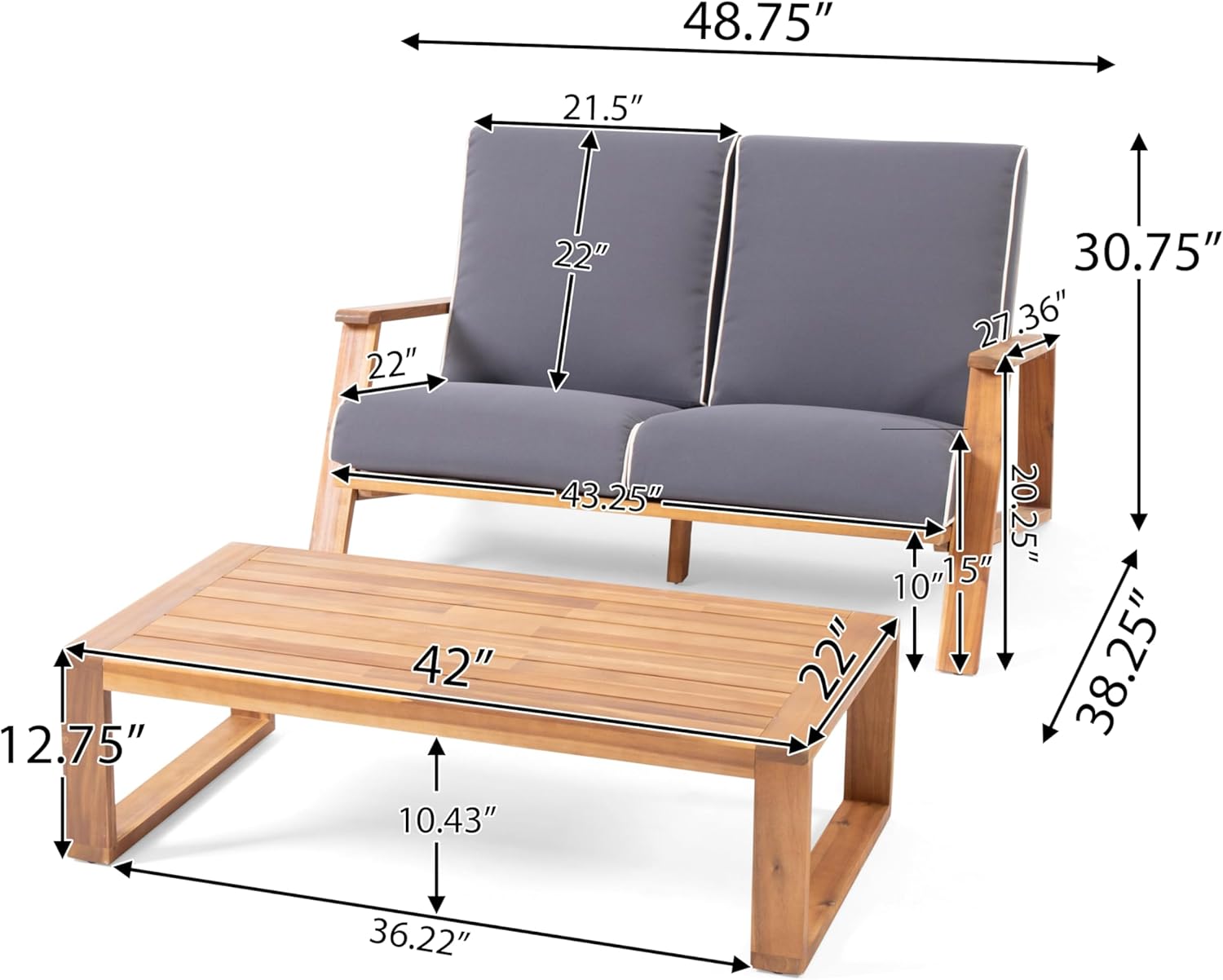 Christopher Knight Home Eartha Outdoor Loveseat Set with Coffee Table, Teak Finish, Dark Gray