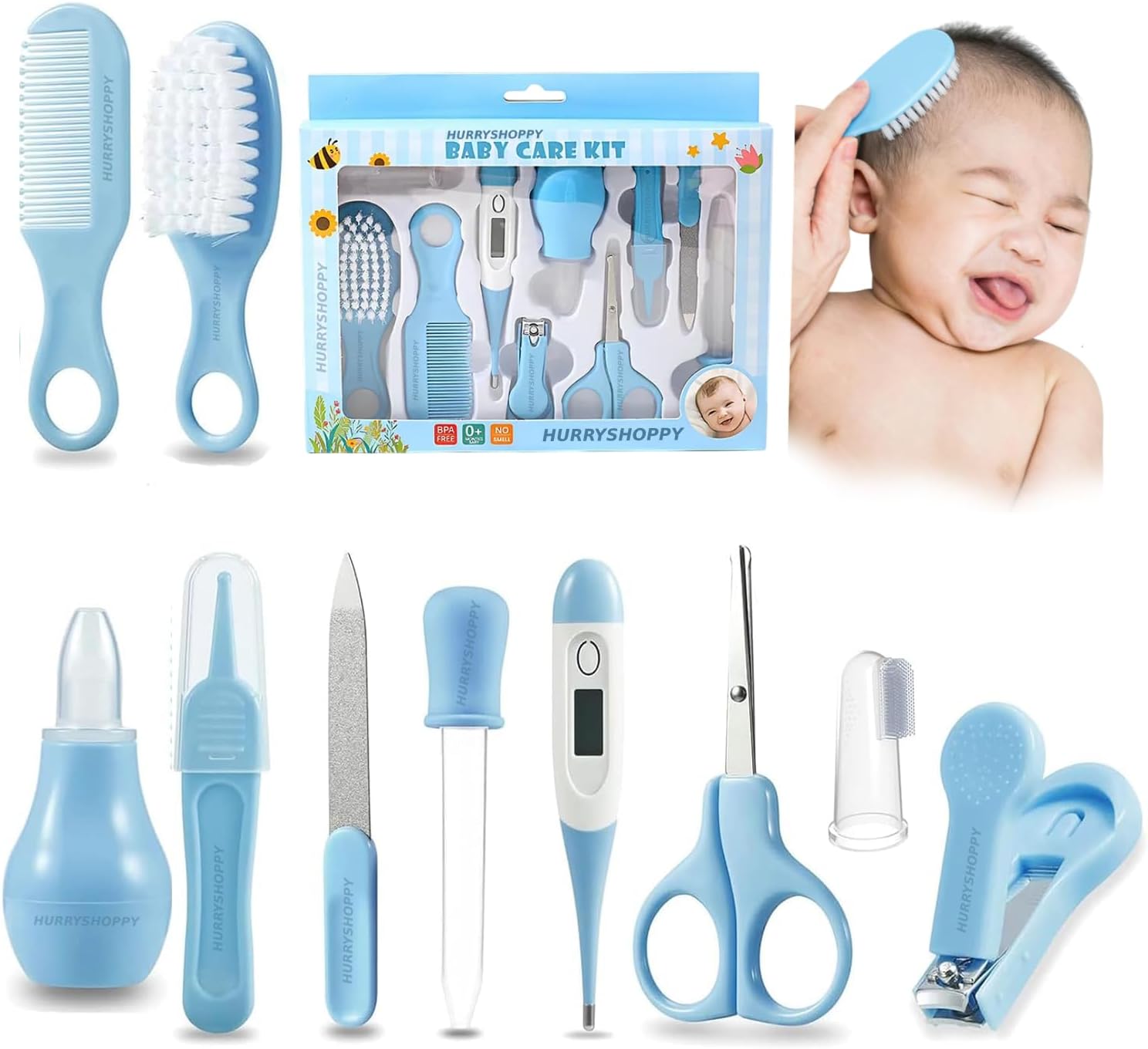 10 Piece Baby Care Grooming & Healthcare Kit for New Born With Nail Clippers, Thermometer, Hair Brush, Scissors, Nasal Aspirator Safe & Portable Baby Essentials for Infant & Toddler Gift (Blue)