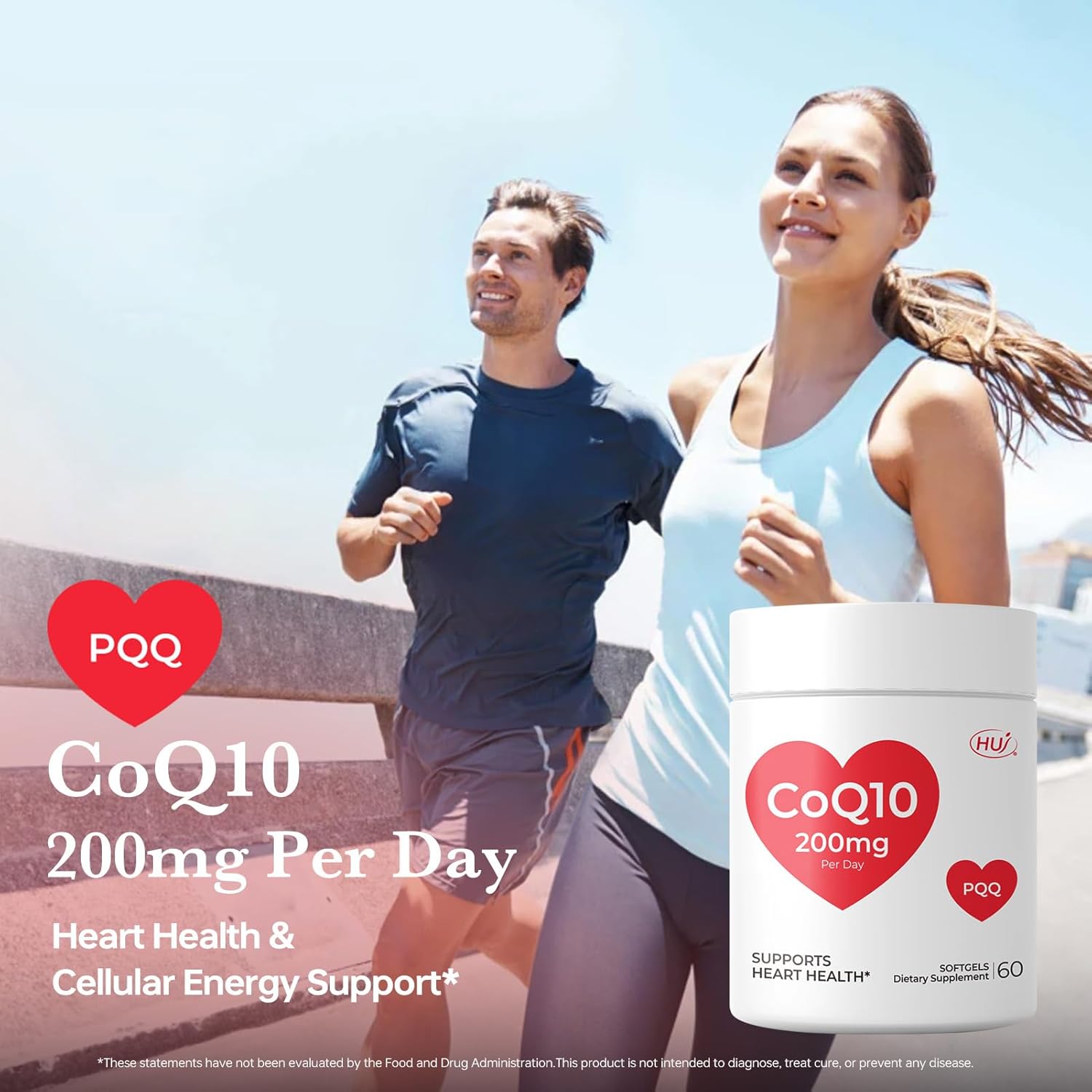 HUJ CoQ10 200mg Per Day - Heart Health & Cellular Energy Support with Coenzyme Q10, Vitamin E & PQQ - 60 Softgels