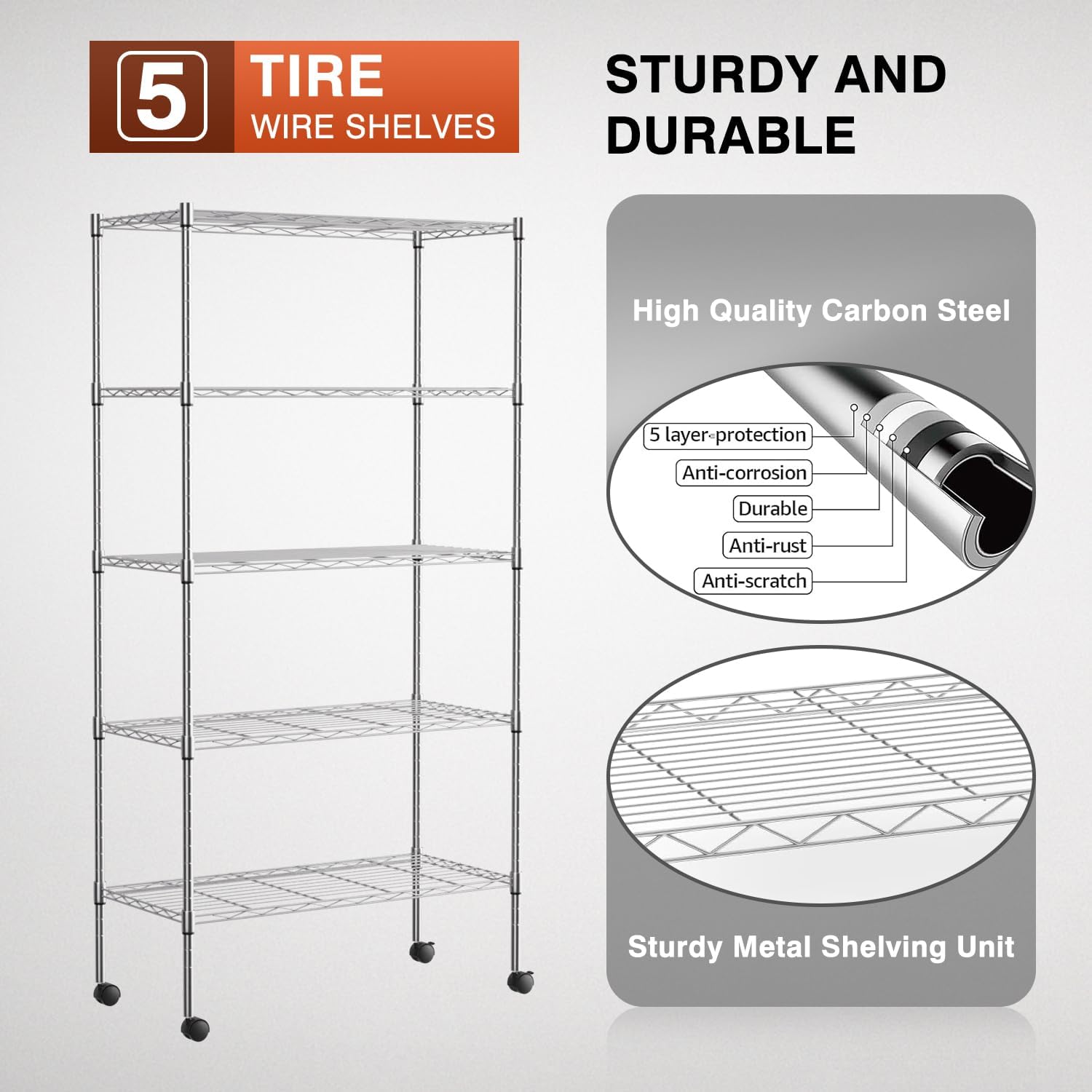 FDW Adjustable Storage Shelves 5-Tier Wire Shelving Unit Heavy Duty Metal Shelves with Wheels 14”Dx30”Wx61”H Storage Shelf Rack for Home Kitchen Commercial, Chrome - Image 6
