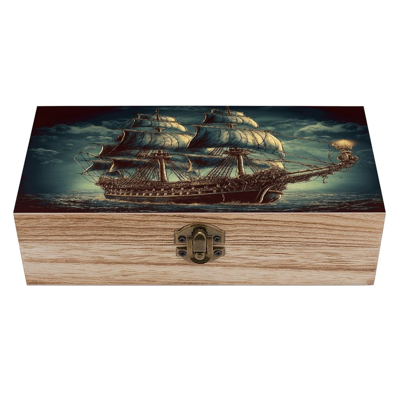 VstaDank Nautical Vintage Sailing Pirate Ship Wooden Storage Box Decorative Jewelry Case with Lids Exquisite Wood Box Letters Gifts Acacia Wood Boxes Fashion Wooden Keepsake Boxes for Men Women