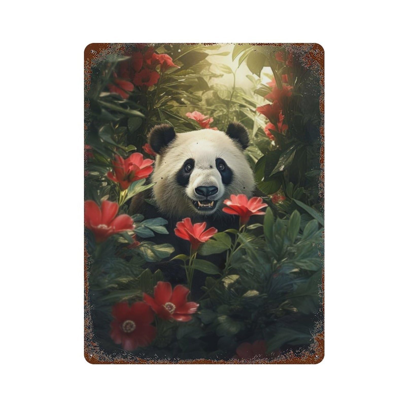 Cute Panda Jungle Flowers 15.7"x11.8" Aged Metal Wall Plaque, Retro Wall Decor for Farmhouse, Kitchen And Entryway Decor