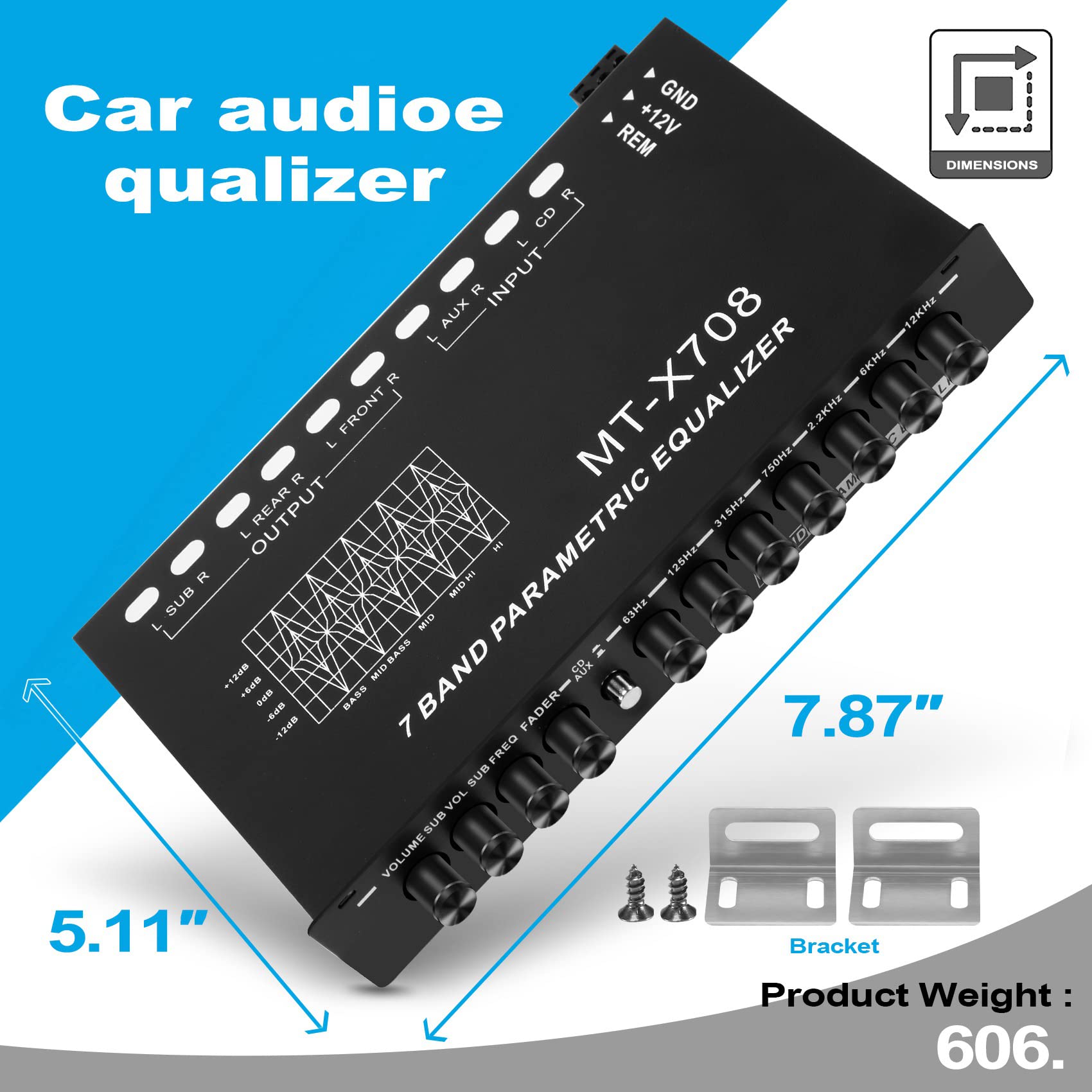 Ecualizador de Audio para AutomóVil de 7 Bandas, Ecualizador GráFico Ajustable para Amplificador de AutomóVil EQ de 7 Bandas con Interruptor de SeleccióN de Entrada CD/AUX, Negro