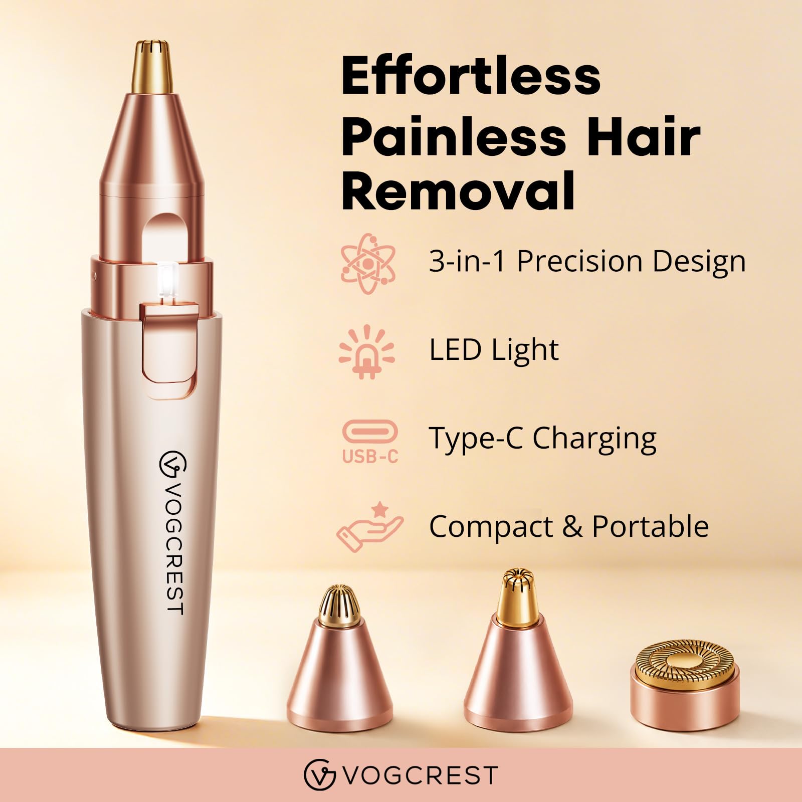 VG VOGCREST Nose Hair Trimmer: 3 in1 Rechargeable Facial Hair Removal & Eyebrow Shaver - Painless Electric Hair Remover Device for Women & Men with Built-in LED Light — Amazon image 2