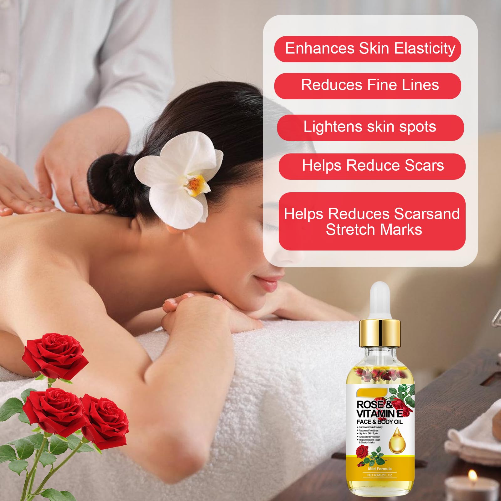 Rose Vitamin E Oil for Skin,Rose Essential Oil,Rose Oil for Skin,with a Massage Board,Deeply Nourishes Soothing,Improves Skin Elasticity,for a Variety of Skin Types(60ml) - Image 2