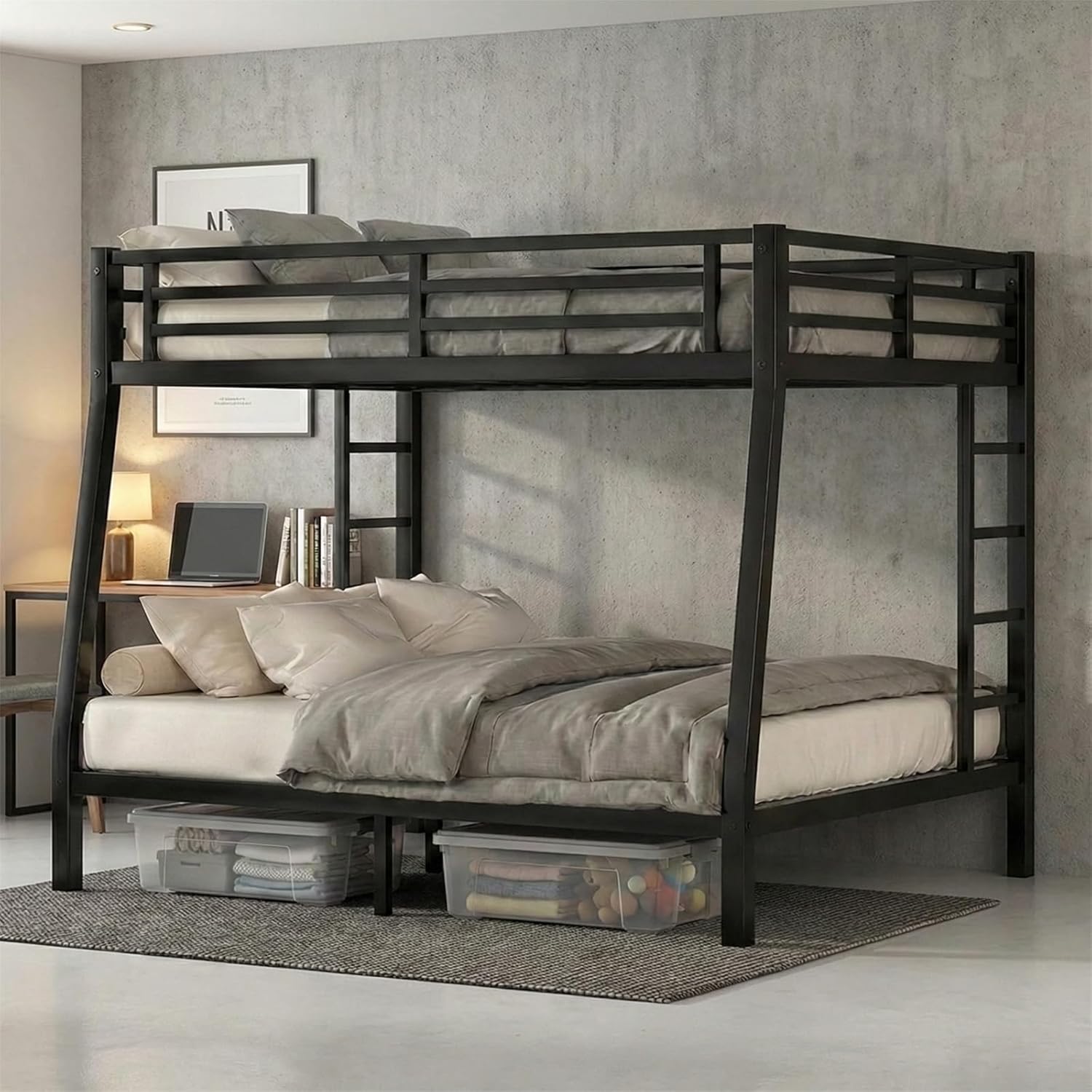 Heavy Duty Metal Bunk Bed Full XL Over Queen Bunk Bed for Adults Kids, Bunkbed with 2 Ladder for Apartment, Noise Free, No Boxing Spring Needed, Strong Load-Bearing and Safe (Full XL Over Queen Bunk)