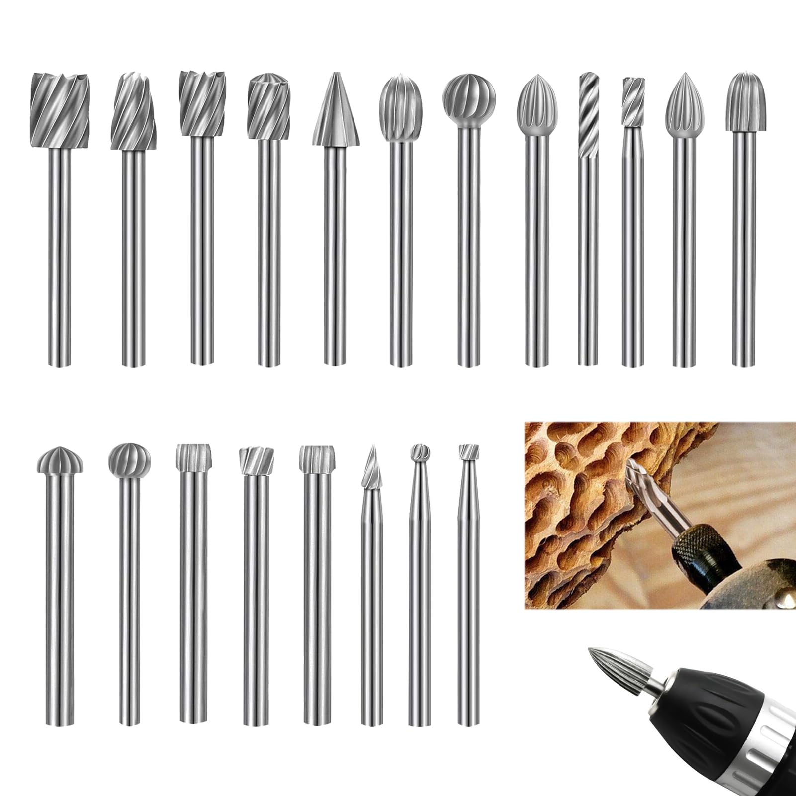 20 Piezas Fresas Rotativas para Herramienta Rotativa, Brocas para Tallar Madera Giratorias HSS, Adecuado para Carpintería Tallado Grabado Perforación y Modelismo, Compatible con Dremel Apollo Chicago
