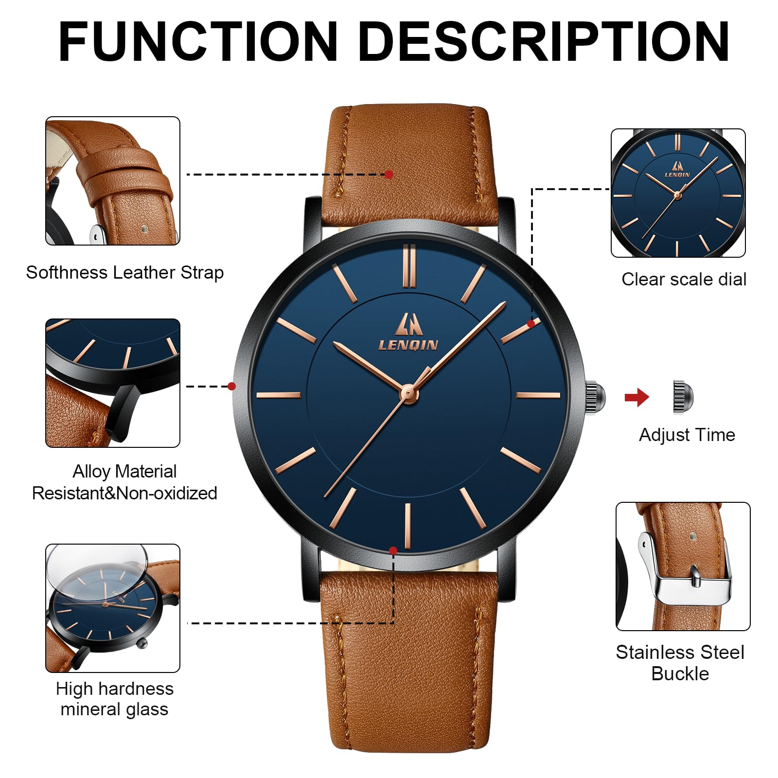 LN LENQIN Montres Hommes Montres pour Hommes Montre Analogique à Quartz 30M Waterproof Montres Poignets Hommes Montre Fashion Business Homme Designer Bracelet Cuir