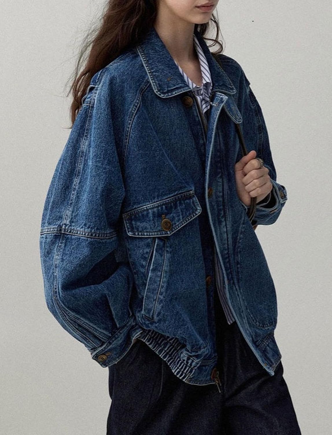 loveimgs Women Oversized Jean Jacket Zip Up Denim Trucker Jacket Boyfriend Pilot Coat Y2k Baggy Jean Jackets Fall Outwear