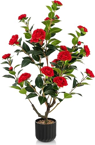 Goplus Árbol de camelia artificial de 38 pulgadas, plantas de flores, árbol artificial de flores artificiales en maceta de cemento, planta verde en