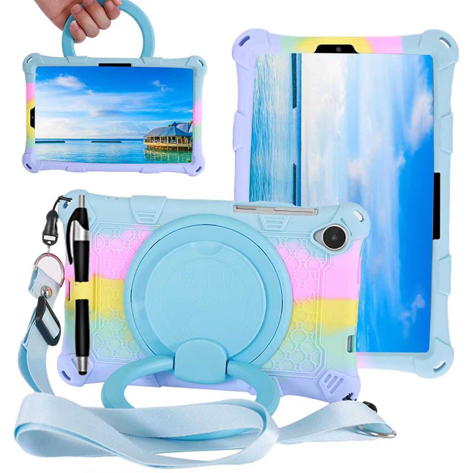 ALHBEJT Tablet Case for Lenovo M8 TB300XU/TB-8505F/TB-8705F/TB-8506F,Soft Anti-Stress Silicone Case with Rotate Stand/Pencil Holder/Shoulder Strap/Pen