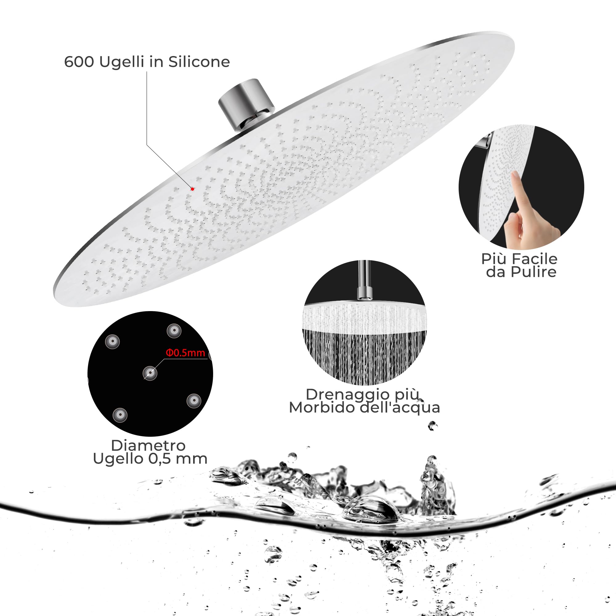 VANCOCO Soffione Doccia a Risparmio Idrico con 600 Ugelli Autopulenti, 25 cm in Soffione Doccia Fisso Acciaio Inossidabile 304 con Finitura a Specchio 8K