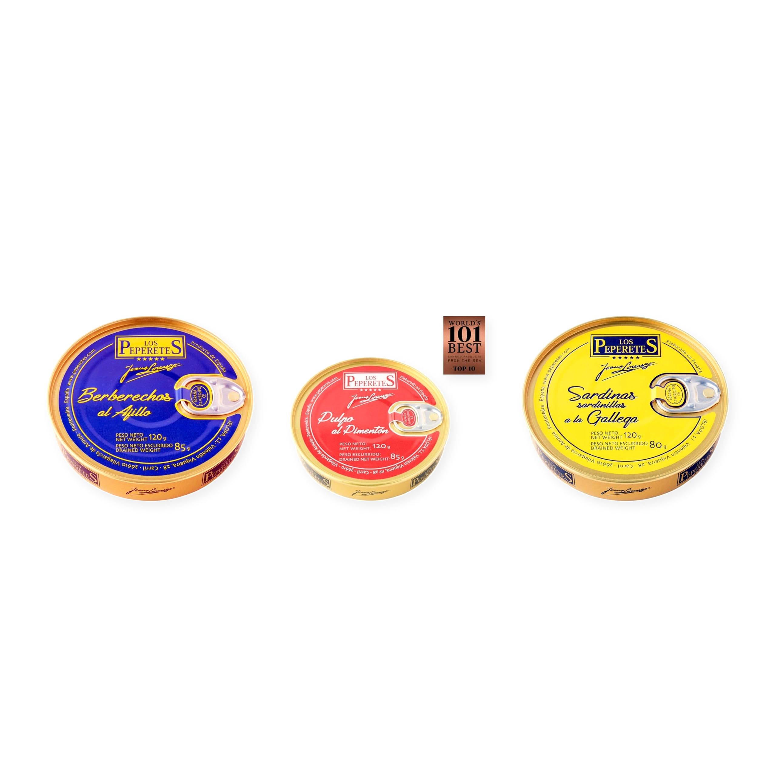 los peperetes conservas Berberechos Ajillo, Pulpo Pimentón y Sardinillas Gallega pack 3 latas