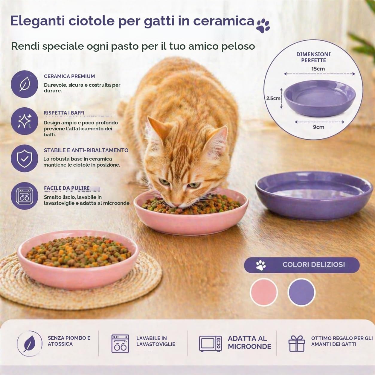 Set di 2 Ciotole per Gatti in Ceramica per Cibo o Acqua, Ciotola Gatto Piatta per Alleviare l’Affaticamento dei Baffi, Adatte anche a Gattini, Cani di Piccola Taglia e Altri Animali Domestici, 15×3 cm
