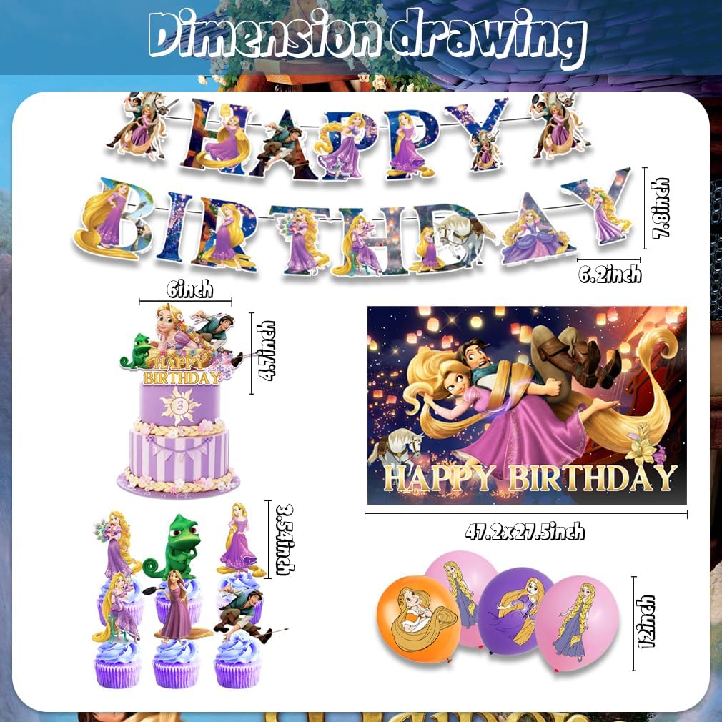 42Pack Princess Birthday Party Supplies Pack Includes，Banner，Cake Topper，Blackdrop,Balloons for party Decoration