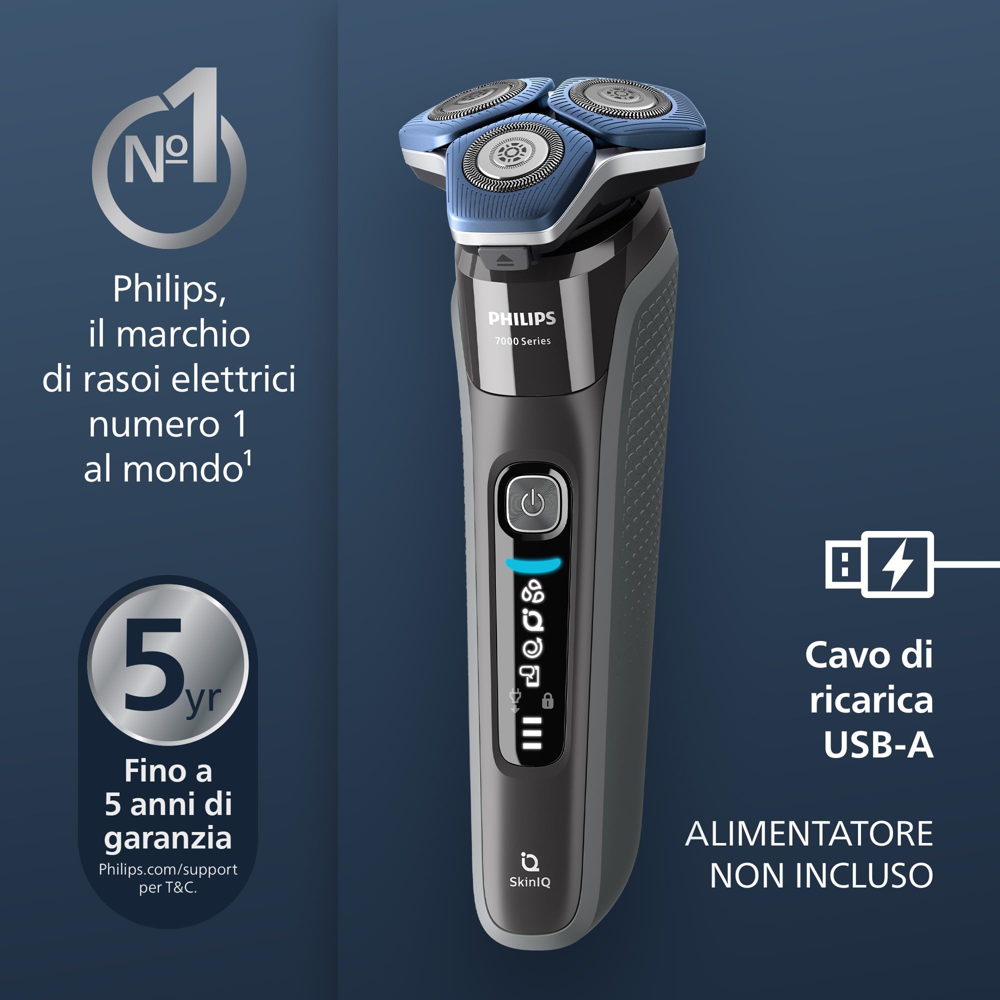 Philips Shaver Series 7000 - Rasoio elettrico da uomo, umido e asciutto, con tecnologia SkinIQ, rifinitore a scomparsa, base di ricarica, custodia da viaggio e spazzola di pulizia