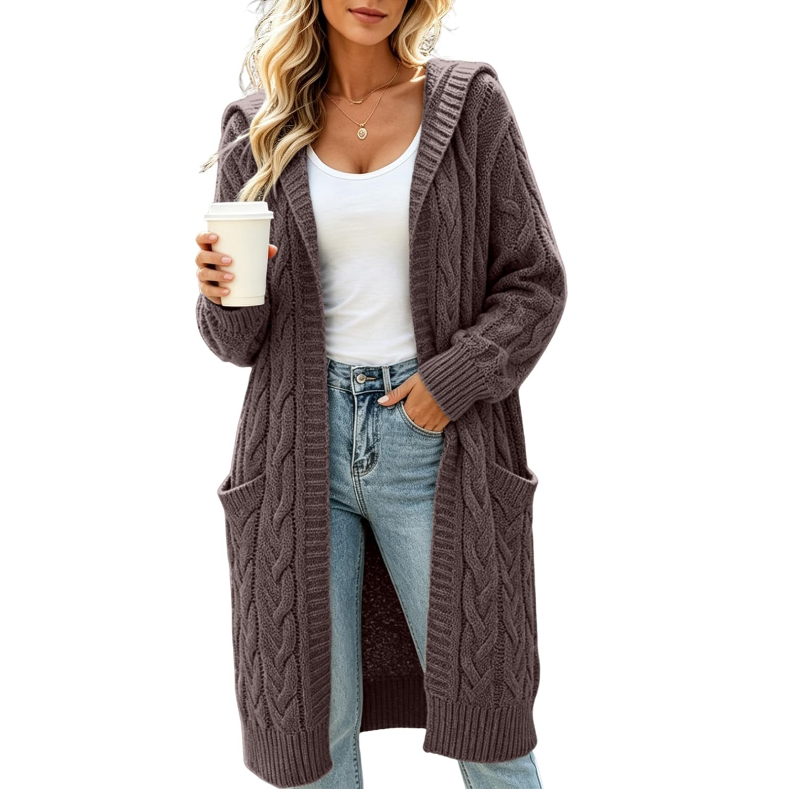 FUPODD Lange Strickjacke Damen Mit Kapuze Cardigan Oversize Grobstrickjacke
