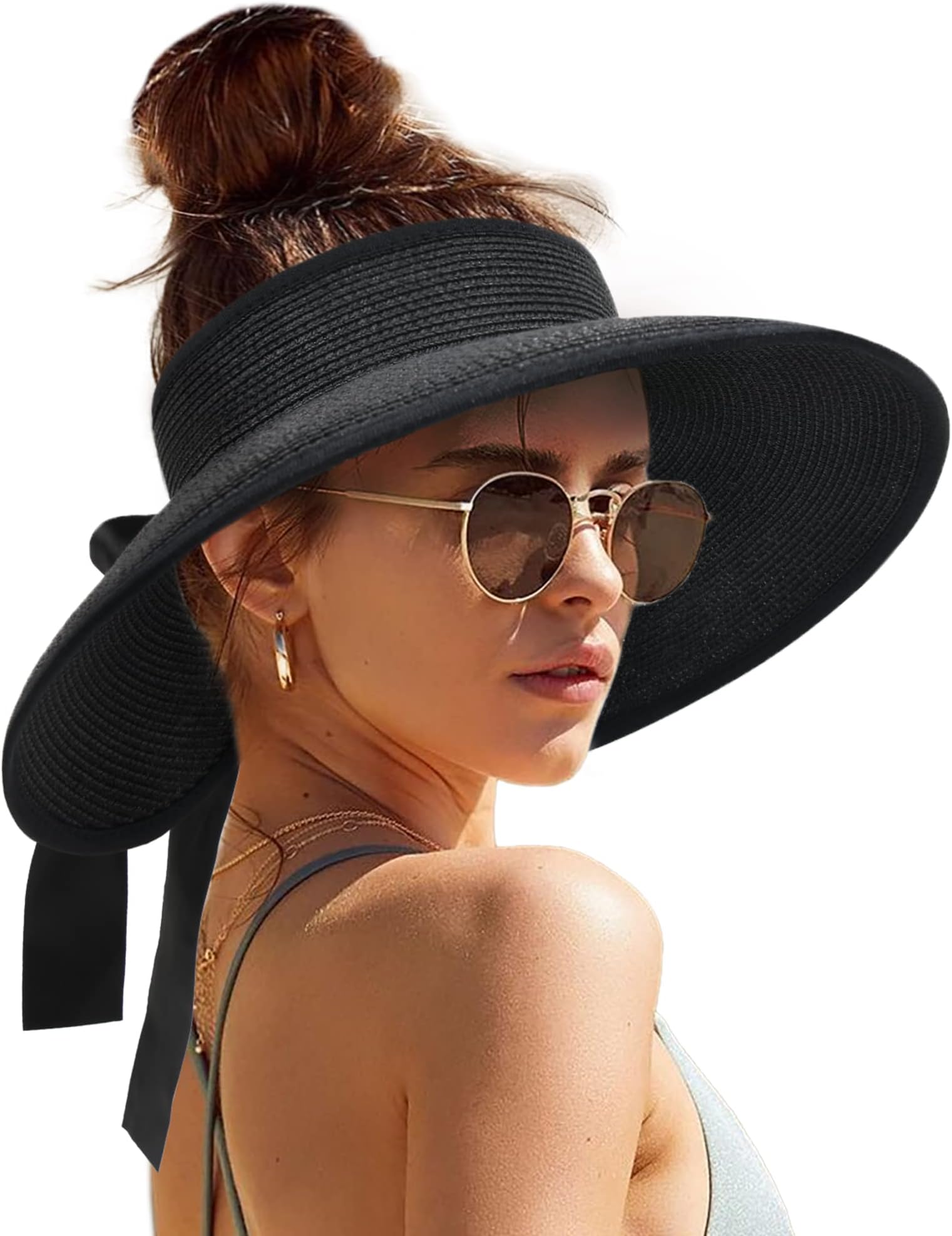 Sun Visors for Women Wide Brim Beach Hat Foldable Straw Visor Hat Ponytail Summer Packable UPF 50+