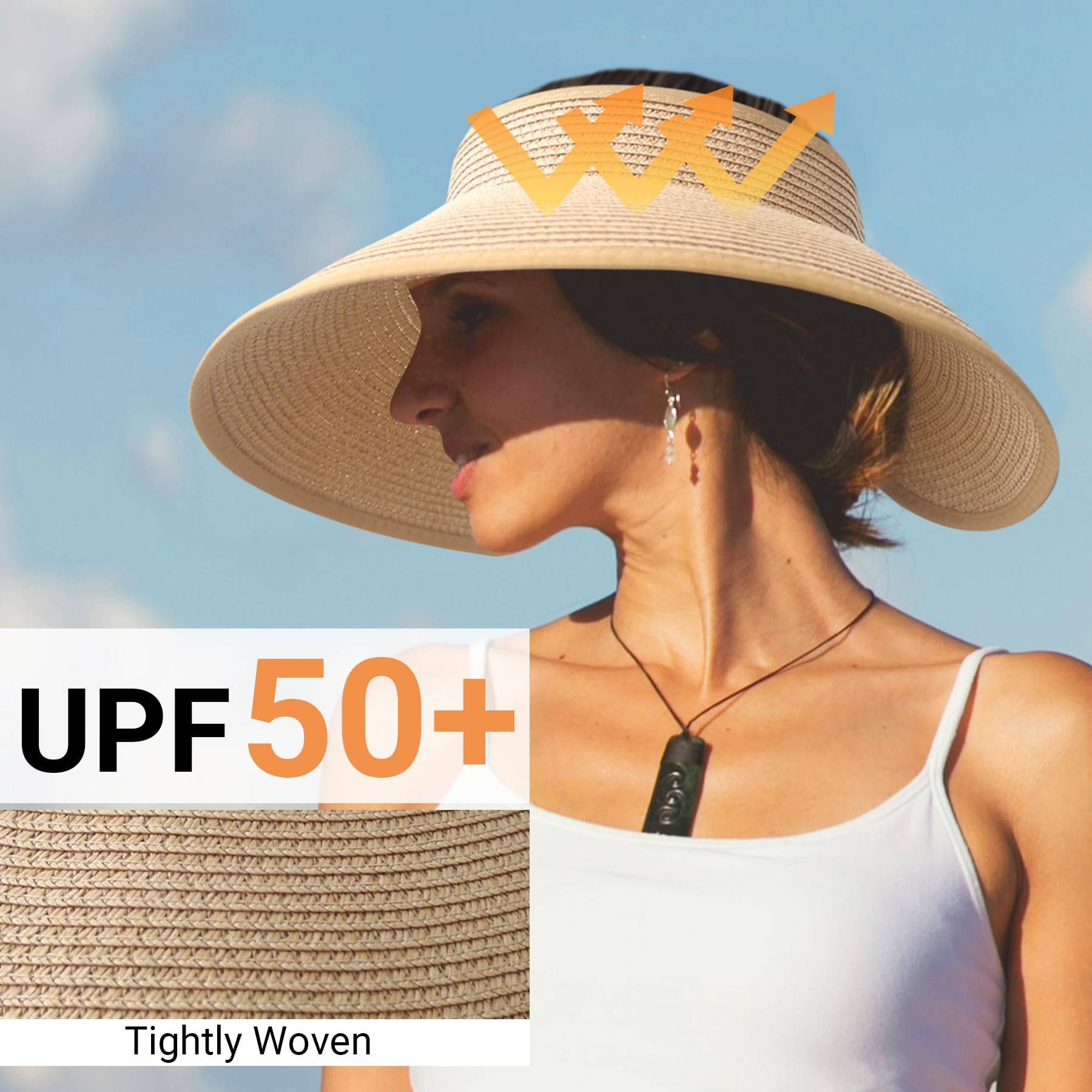 PFFY Sun Hats for Women Straw Beach Hat Packable Foldable Wide Brim Ponytail Travel Visor