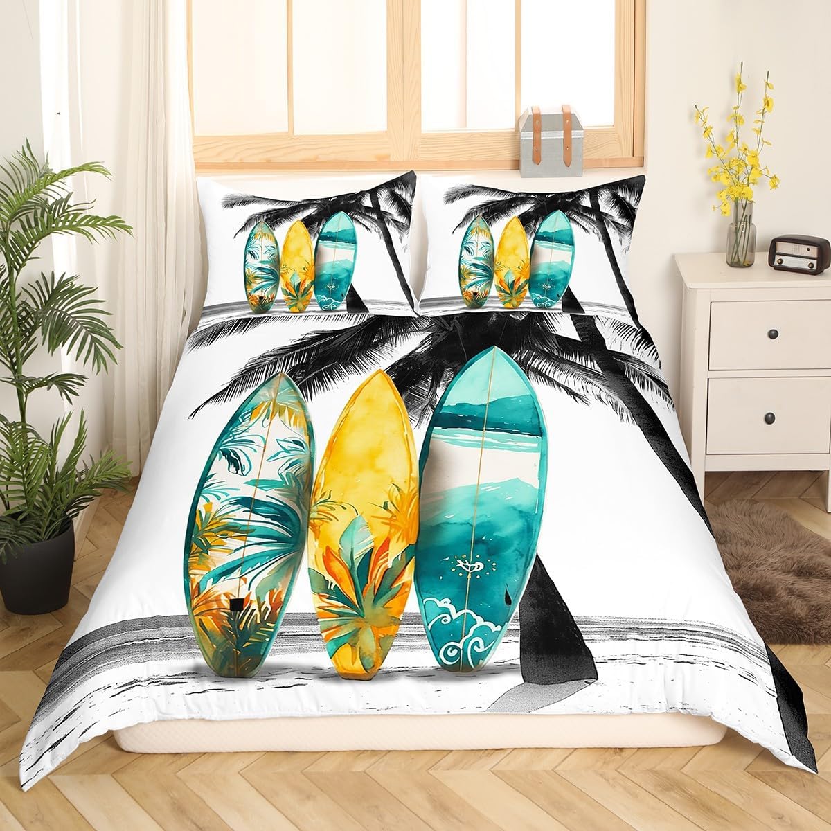 Castle Fairy Surfboard Duvet Cover King Size Tropical Coconut Tree Comforter Cover for Kids Hawaiian Ocean Beach Bedding Set Sea Surfing Sports 3 Pieces Decorative Bed Cover,No Comforter
