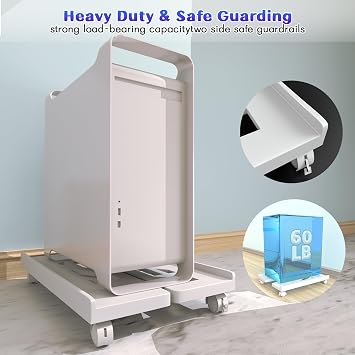 Adjustable Mobile CPU Stand - Ventilated Tower Stand with 4 Caster Wheels, Fits Most PC, for Floor Carpet Gaming Case (White)
