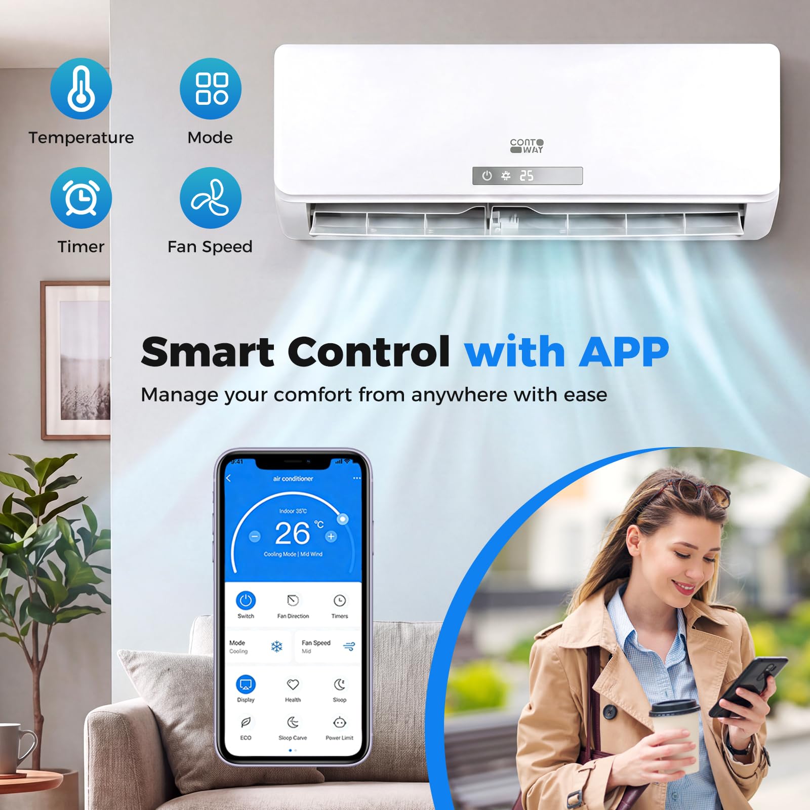 COSTWAY Climatiseur Reversible 9000 BTU 2,6 KW, Climatiseur Split R32 avec Chauffage, Refroidissement, Déshumidification Rapide, Clim Inverter Silencieux 19 dB, Wifi, Auto-Nettoyage, Classe A++