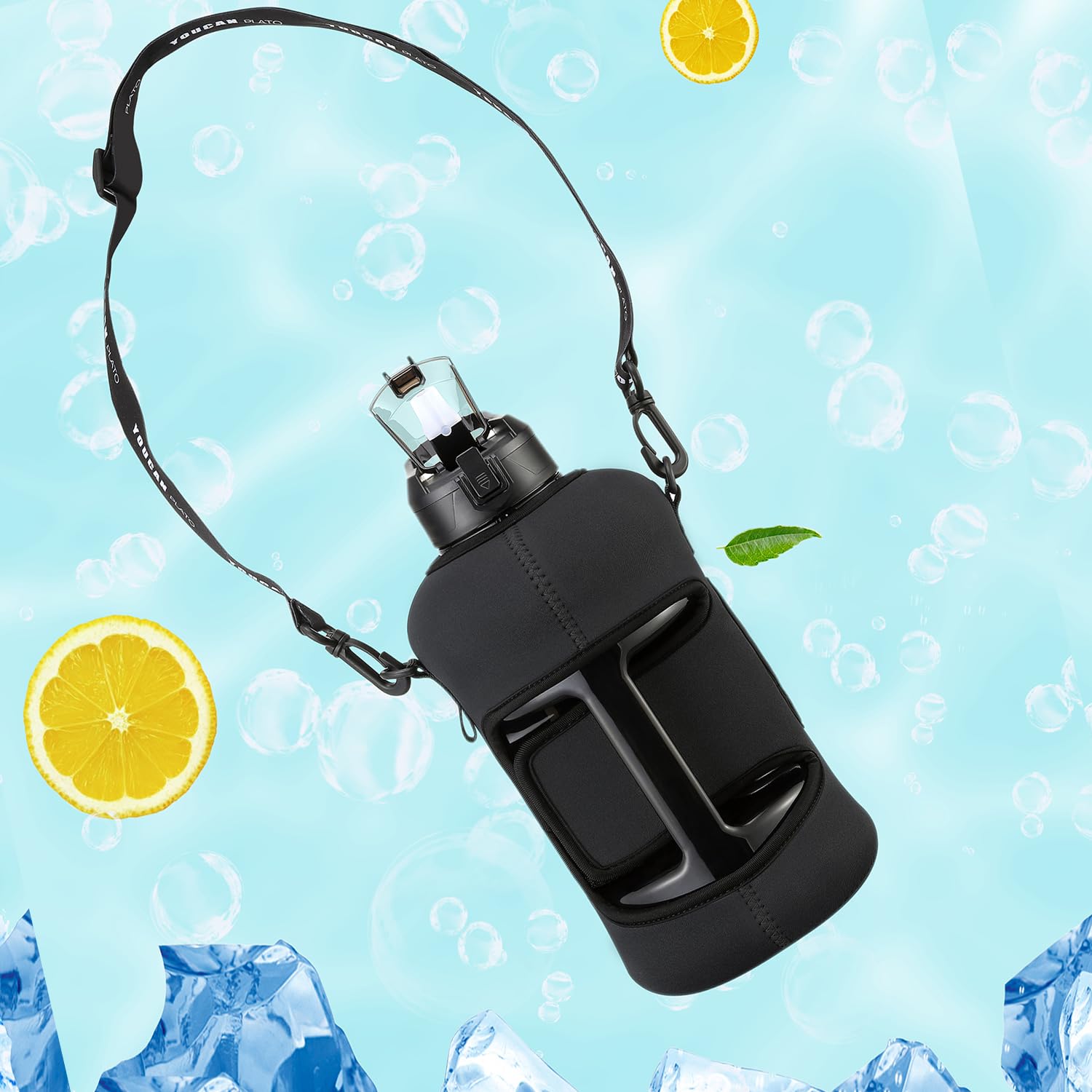 Youcan Plato Trinkflasche 2l Mit Strohhalm und Ärmel,Wasserflasche 2 Liter,3 liter Trinkflasche Sport,Gym Flasche, Fitness Gallon Water Bottle,Trinkflasche BPA Frei,Flasche Für Kohlensäure