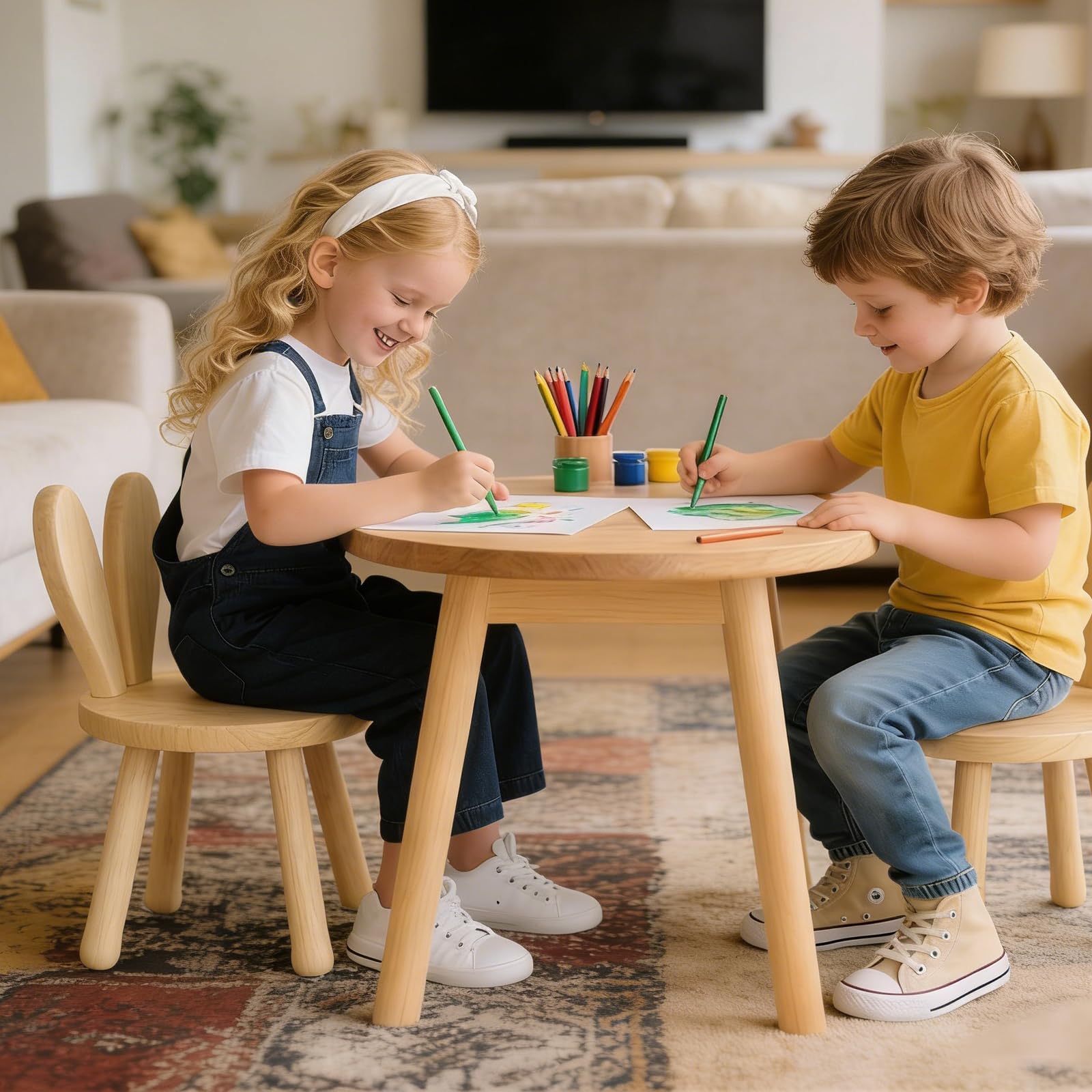 Kinderstuhl Holz mit Hasenohren, Massivholz Kinderstuhl ab 3–6 Jahren, 25 cm Sitzhöhe, rutschfest & stabil, niedlicher Stuhl für Kleinkinder & Vorschulkinder im Kinderzimmer