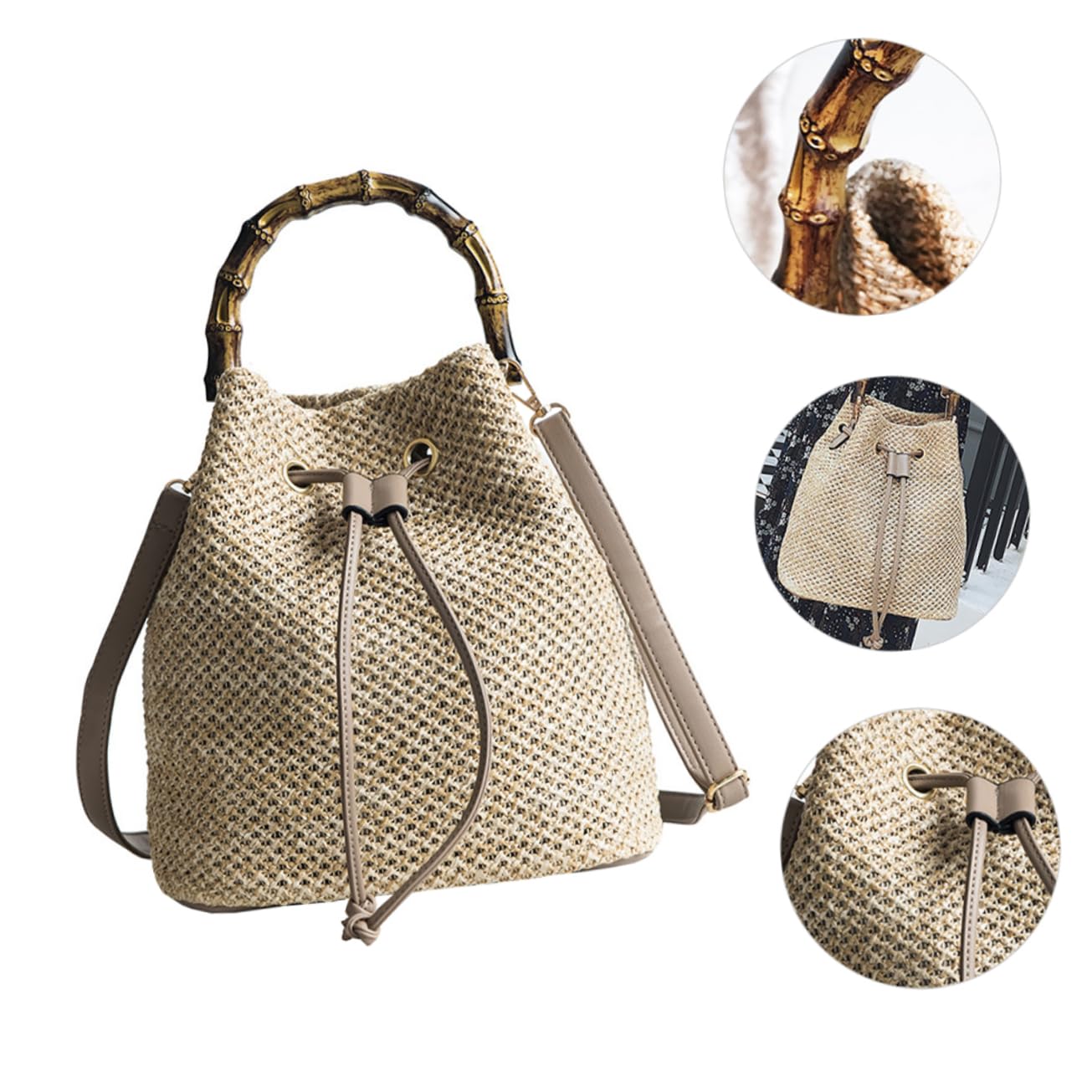 GALPADA Borsa Secchiello Donna Intrecciata Khaki in Lino e Poliestere | Tracolla Regolabile, Formato a Cestello, Adatta per Party e Uso Scolastico