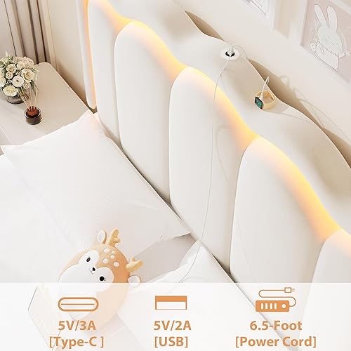 Miniatura 7 de Base de cama LED tapizada tamaño Queen con 2 cajones de almacenamiento y cabecera doble ondulada ajustable, cama de plataforma de princesa de