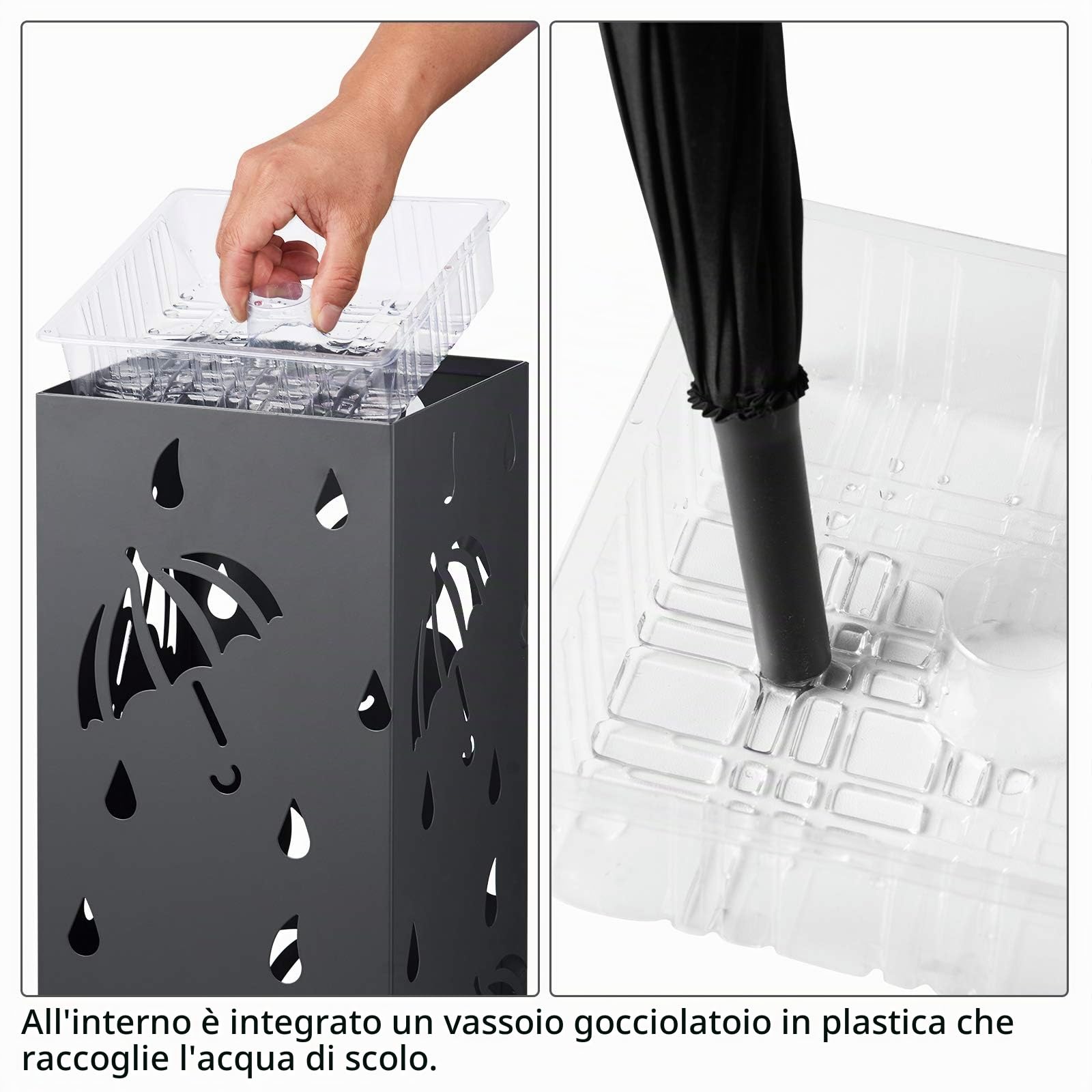 WOLTU Portaombrelli in ferro con vaschetta antigoccia, 4 ganci per gli ombrelli tascabili, (L x P x A) 20 x 20 x 49 cm, antracite, rettangolare