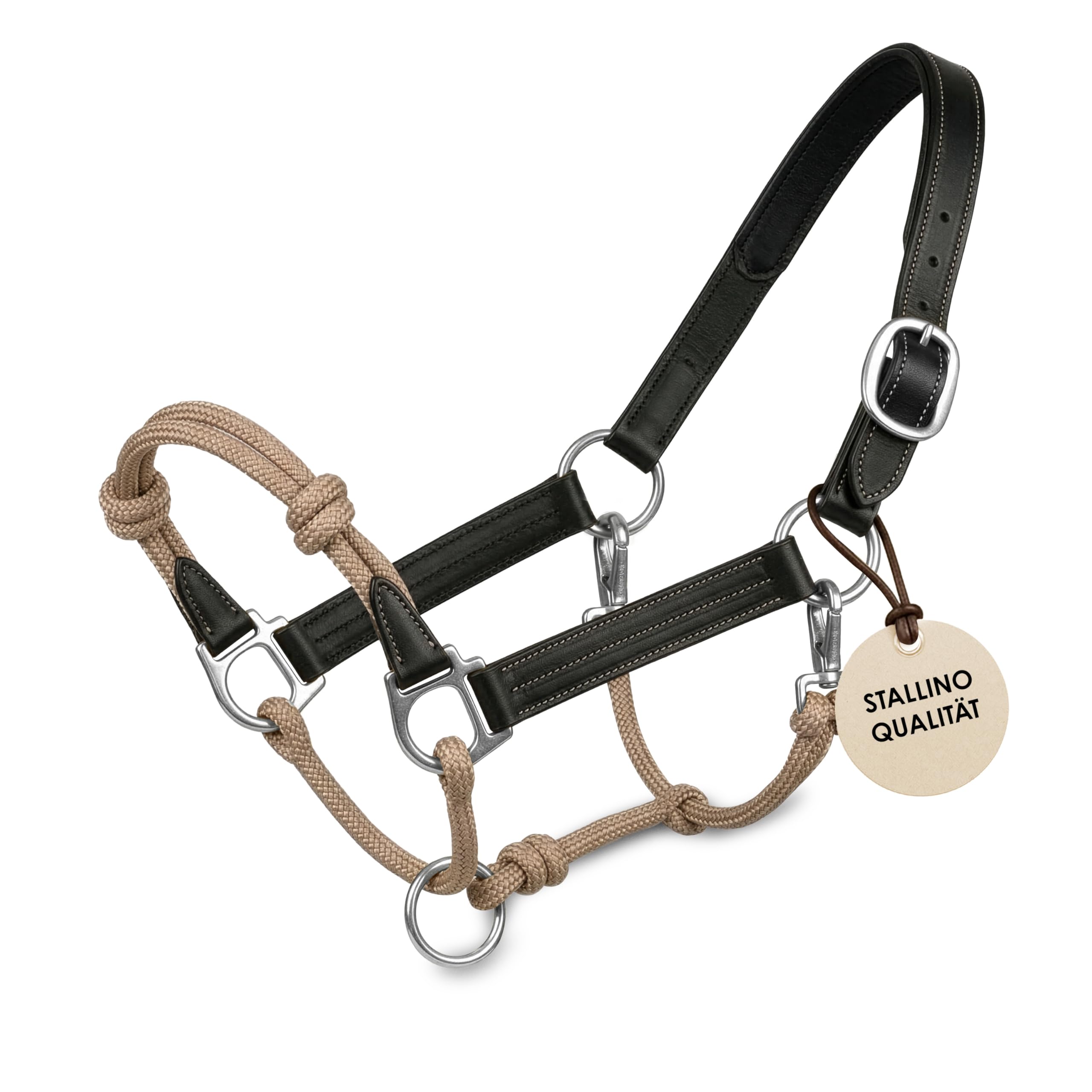 Halfter für Pferde aus Leder – hochwertiges Pferdehalfter für Bodenarbeit & Training – mit Rope-Nasenstück & Metallbeschlägen – Halfter Pony, COB, Full – Schwarz/Beige (Edelstahl, Pony)