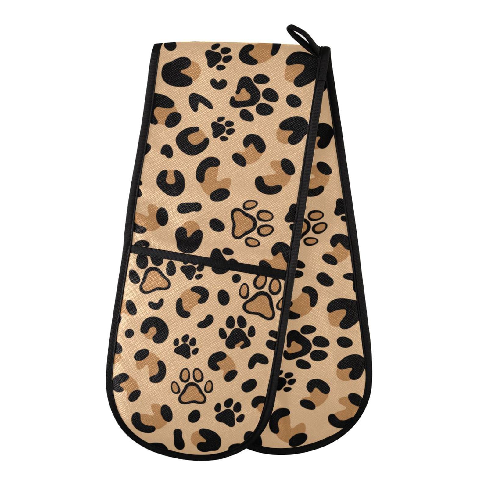 Double Oven Gloves Heat Resistant Leopard Paw Print Double Oven Mitts Pot Holder Heat Protection Oven Gloves for Home Kitchen Baking Cooking BBQ Microwave