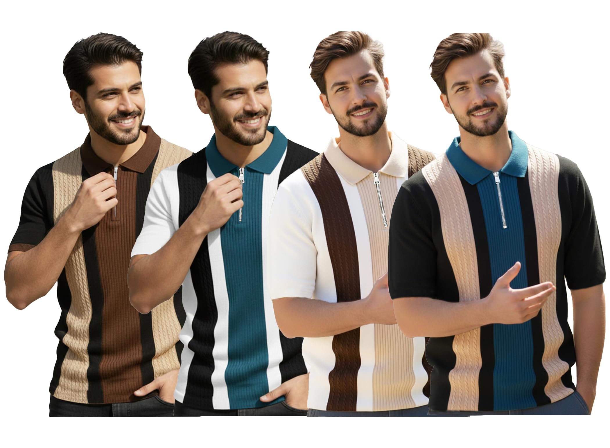 AUSK Men's Textured Vertical Striped Knit Polo T-Shirt | Half Sleeve Zipper Neck Self-Design Casual Tee | Mens Tshirts