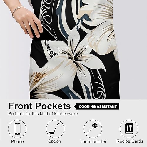 Miniatura 5 de Delantal de flores hawaianas en blanco y negro con bolsillos grandes, impermeable y resistente a las manchas para cocinar, asar a la parrilla y