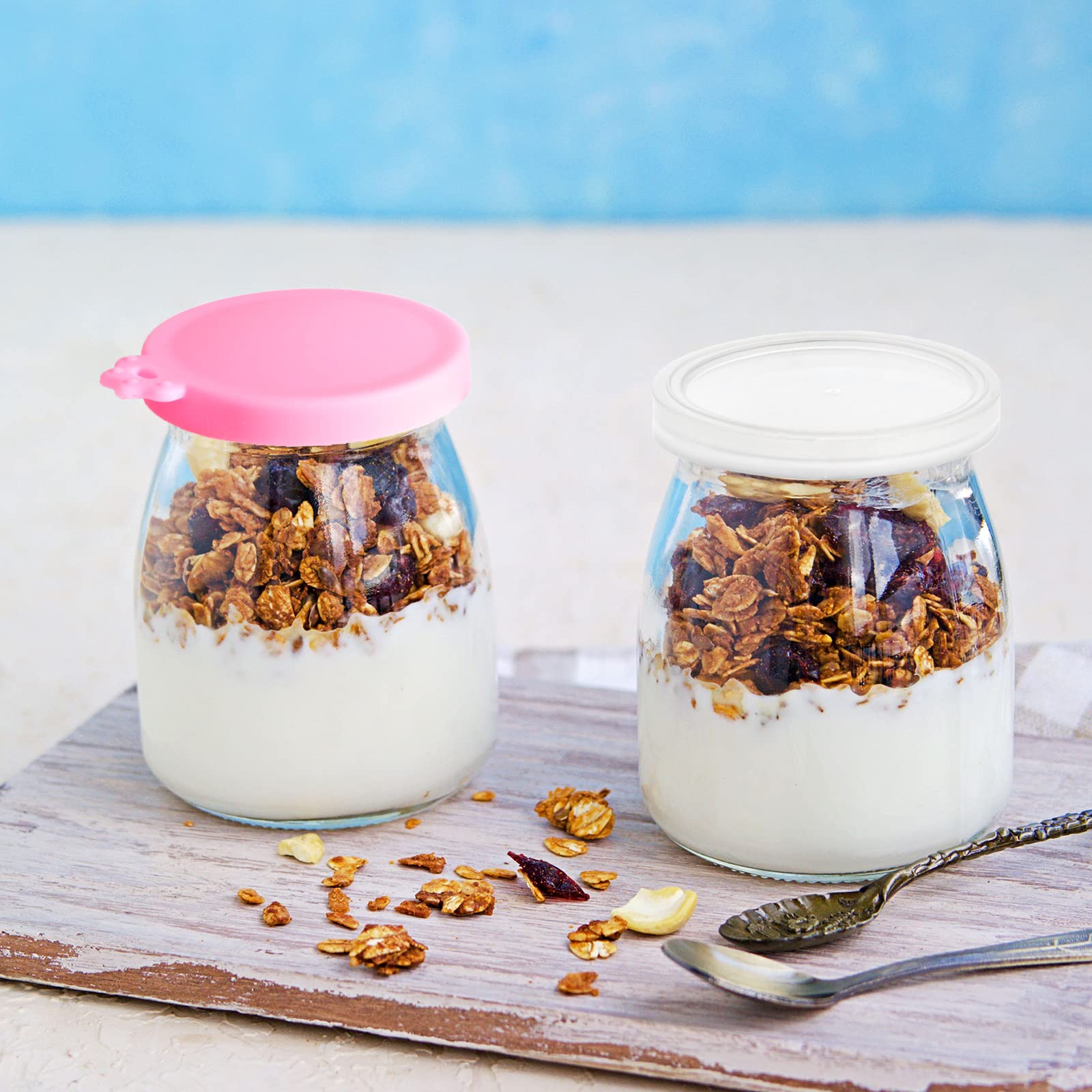 Mumufy 27 Pcs Yogurt Jar Lids Clear Plastic Silicone Bamboo Wood Container Lids with Silicone Sealing Rings Reusable Replacement Covers Compatible with Oui Yogurt Jars