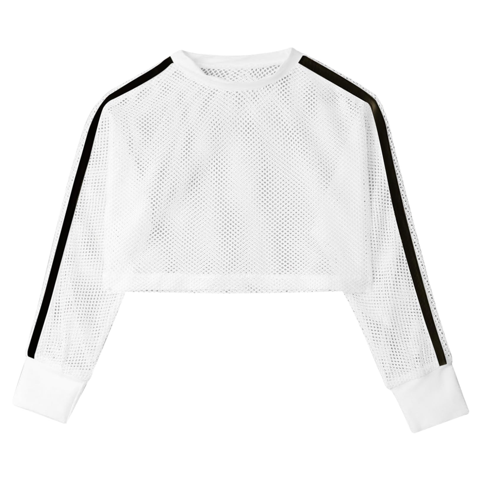 Choomomo Kids Girls Long Sleeves Hip Hop Dance Outfits Mesh Crop Top Sports Workout Pullover Shirt Ivory 10 Years