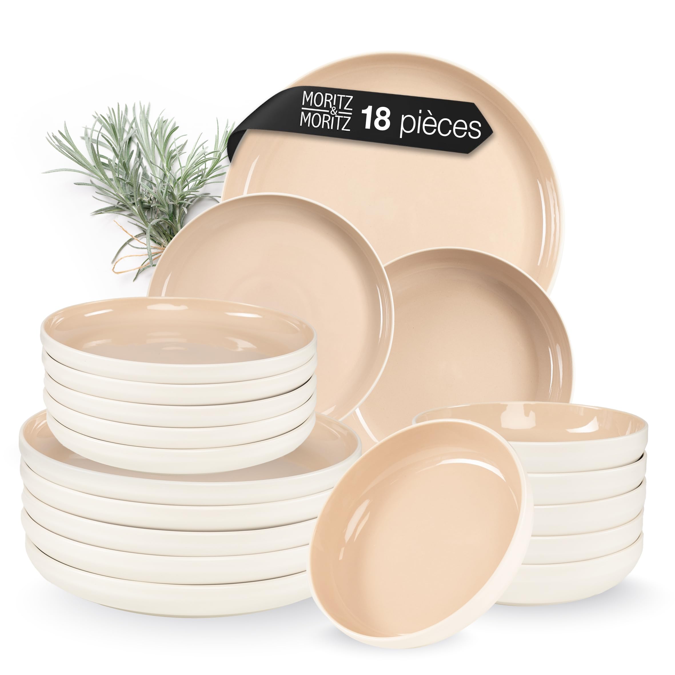 Moritz & Moritz CAVO Service de table 18 pièces pour 6 personnes Almond – Assiettes en grès – Service de table moderne avec assiettes plates, assiettes à dessert et bols à soupe – Élégant et robuste