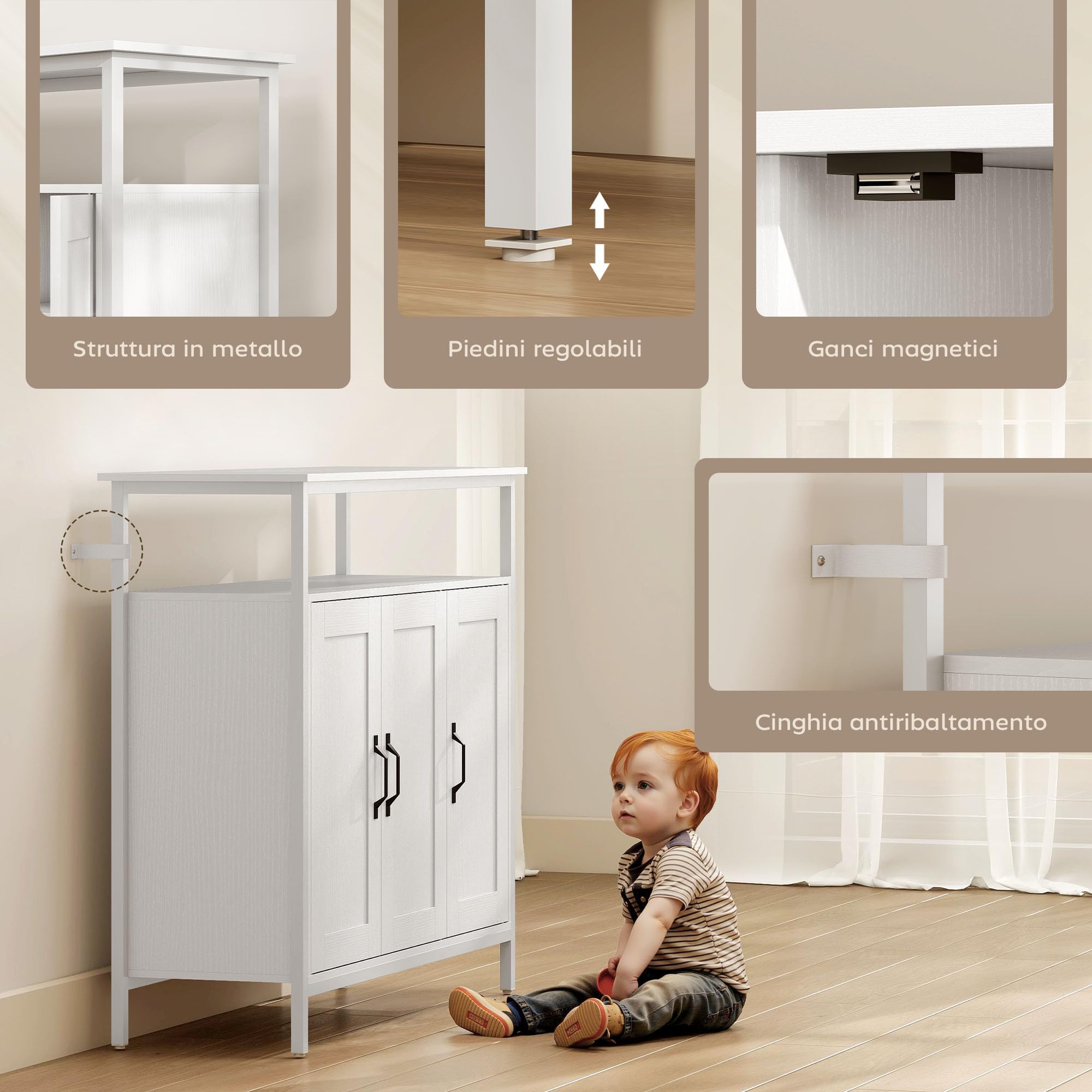HOMCOM Credenza Cucina Ripiano Aperto 2 Armadietti 100x35x88 cm Bianco | Mobile Cucina con Ripiani Regolabili in Legno, Credenza Soggiorno Buffet, per Ingresso Salotto e Sala da Pranzo