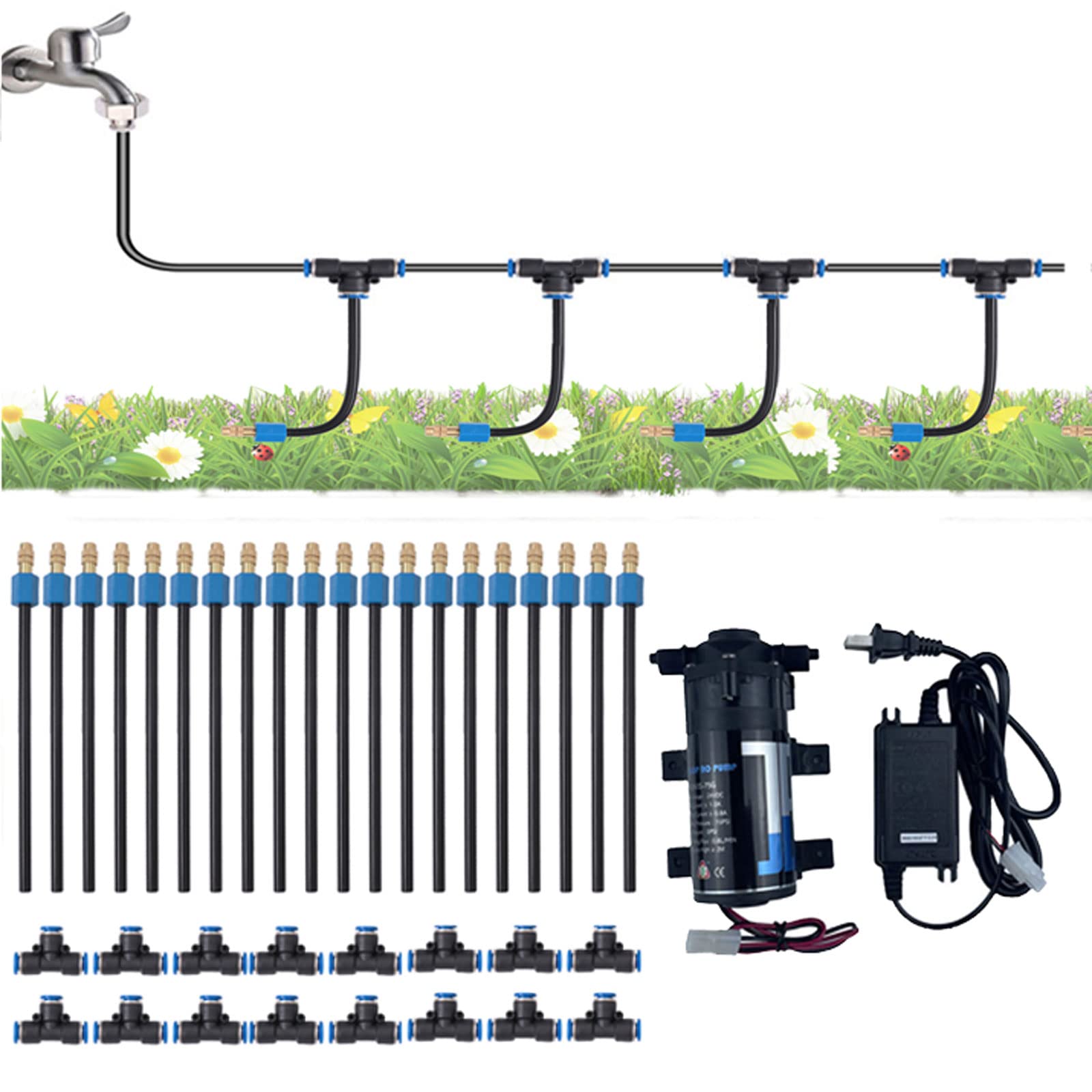 Kit di irrigazione a goccia, Sistema di nebulizzazione del gocciolamento raffreddamento patio Pompa silenziosa 24 V Ugelli regolabili Filtro linea flessibile 6-20 m(10m tube+10 nozzles)