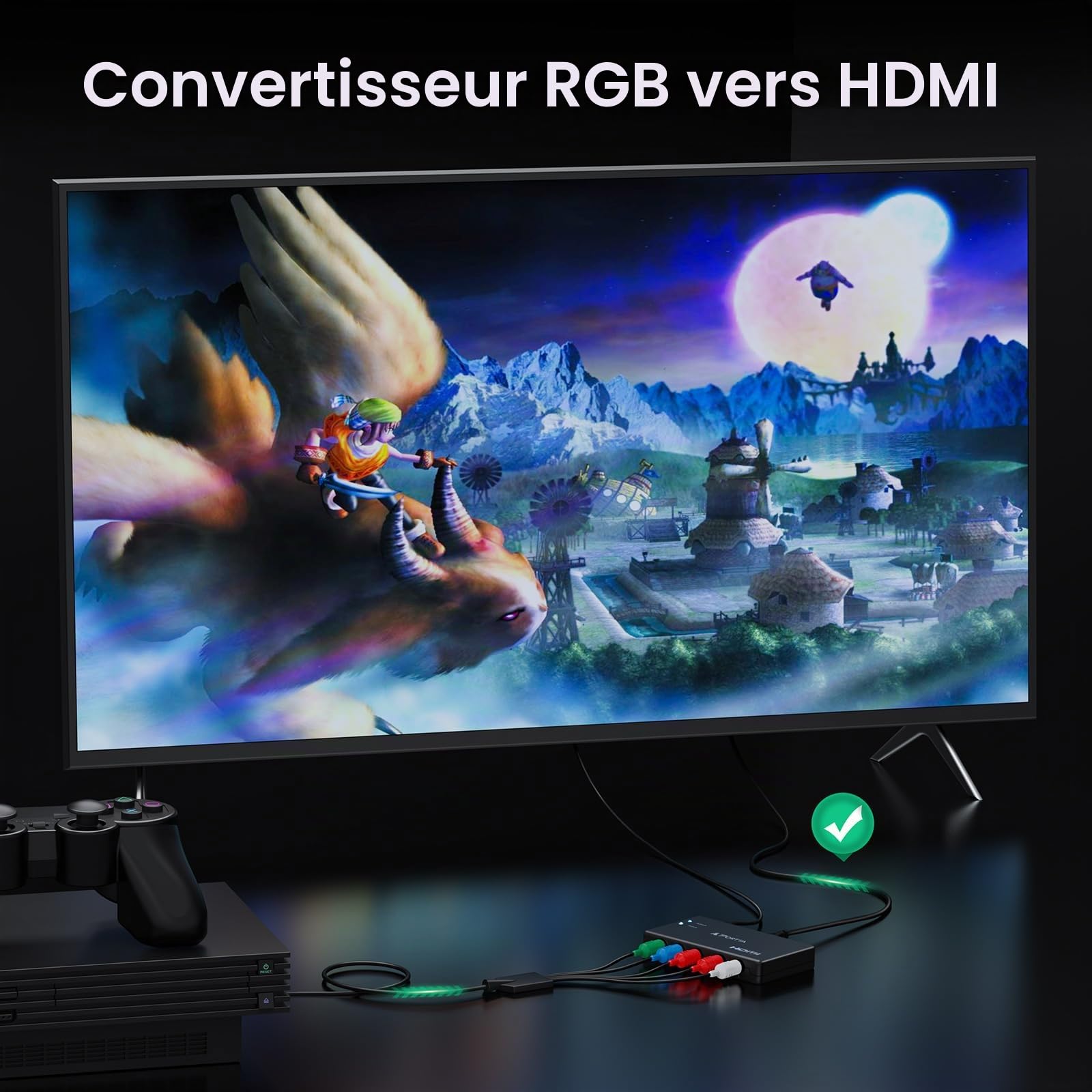 PORTTA Component vers HDMI Converter, 5 RCA YPbPr to HDMI Video Converter, RGB toHDMI Convertisseur Compatible vers PS2, PS3, Wii, DVD, Xbox 360, HDTV, Monitor