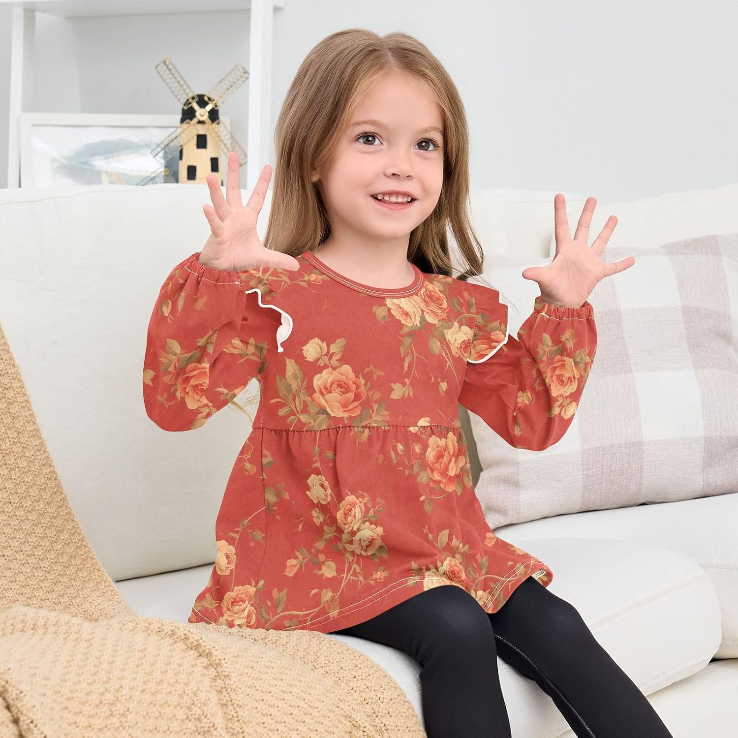 visesunny Toddler Clothes for Girls Vintage Peony Petal Flower Long Sleeve Fall Shirts Cotton Top with Ruffle Collar