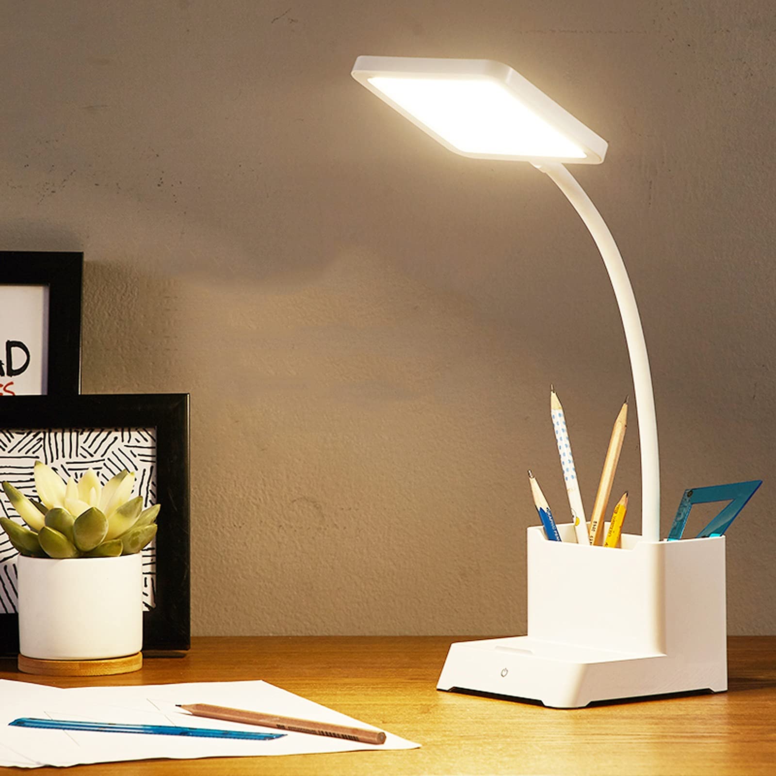 lampa biurkowa wielofunkcyjna lampa biurkowa LED ładowanie/wtyczka dwufunkcyjna lampa chroniąca oczy 5W możliwość przyciemniania sterowanie dotykowe lampka do czytania z uchwytem na długopis stojak na