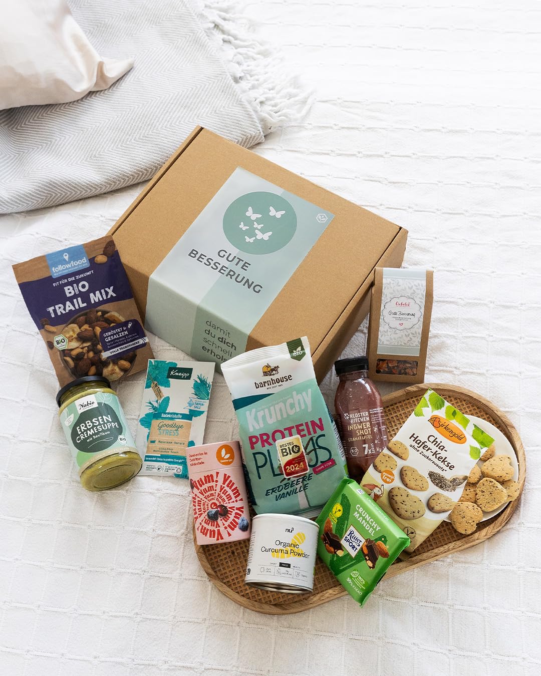GUTE BESSERUNG BOX | Gute Besserung Geschenk Paket mit Snacks & vielen Aufmerksamkeiten zur Genesung | Care Paket, Geschenkkorb Vegan