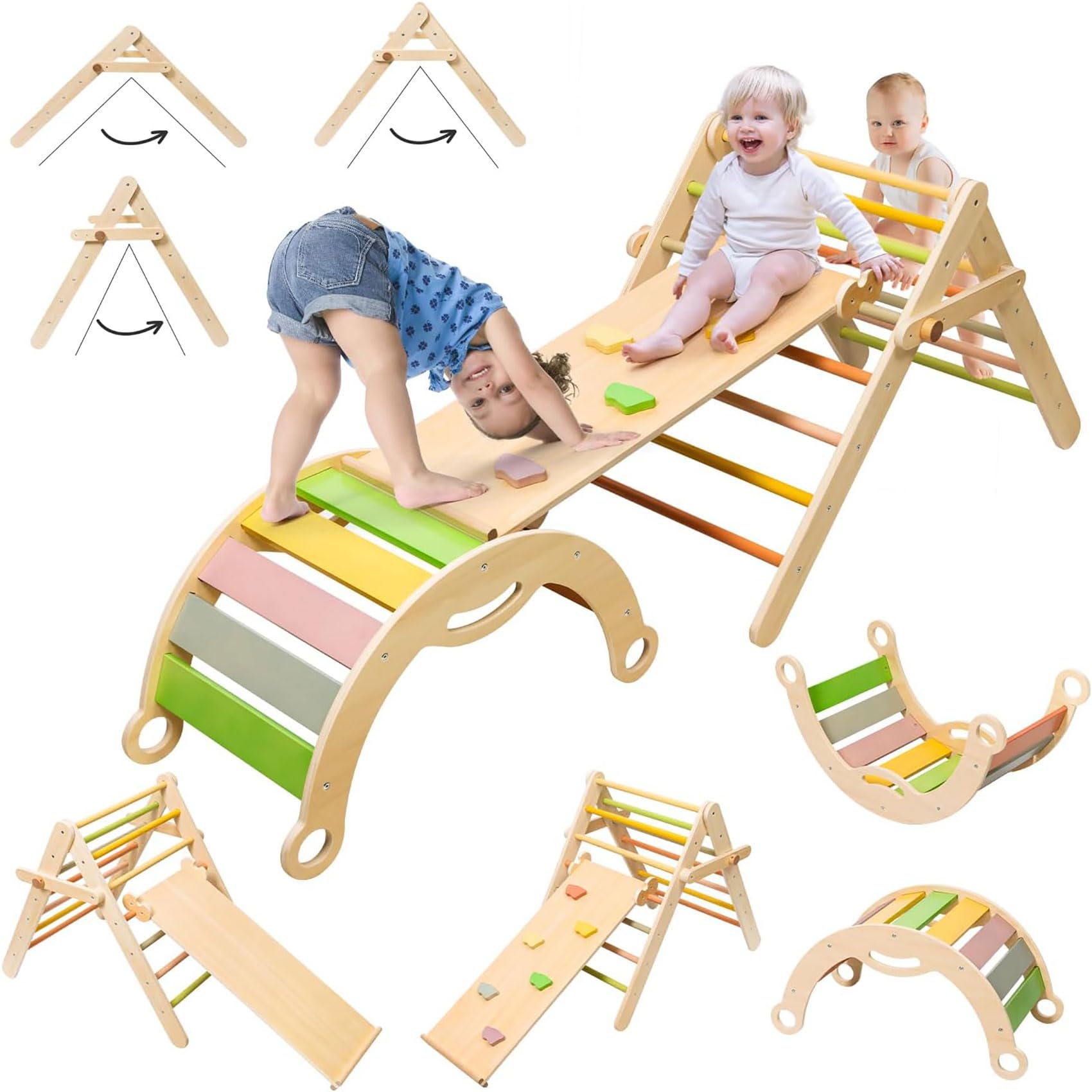 deli 7 in 1 Pikler Triangle Set, Large Size Toddler Climbing Triangle Set, Wooden Baby Jungle Gym Indoor, Foldable Montessori Climbing Set with Ramp, Arch & Climbing Triangle