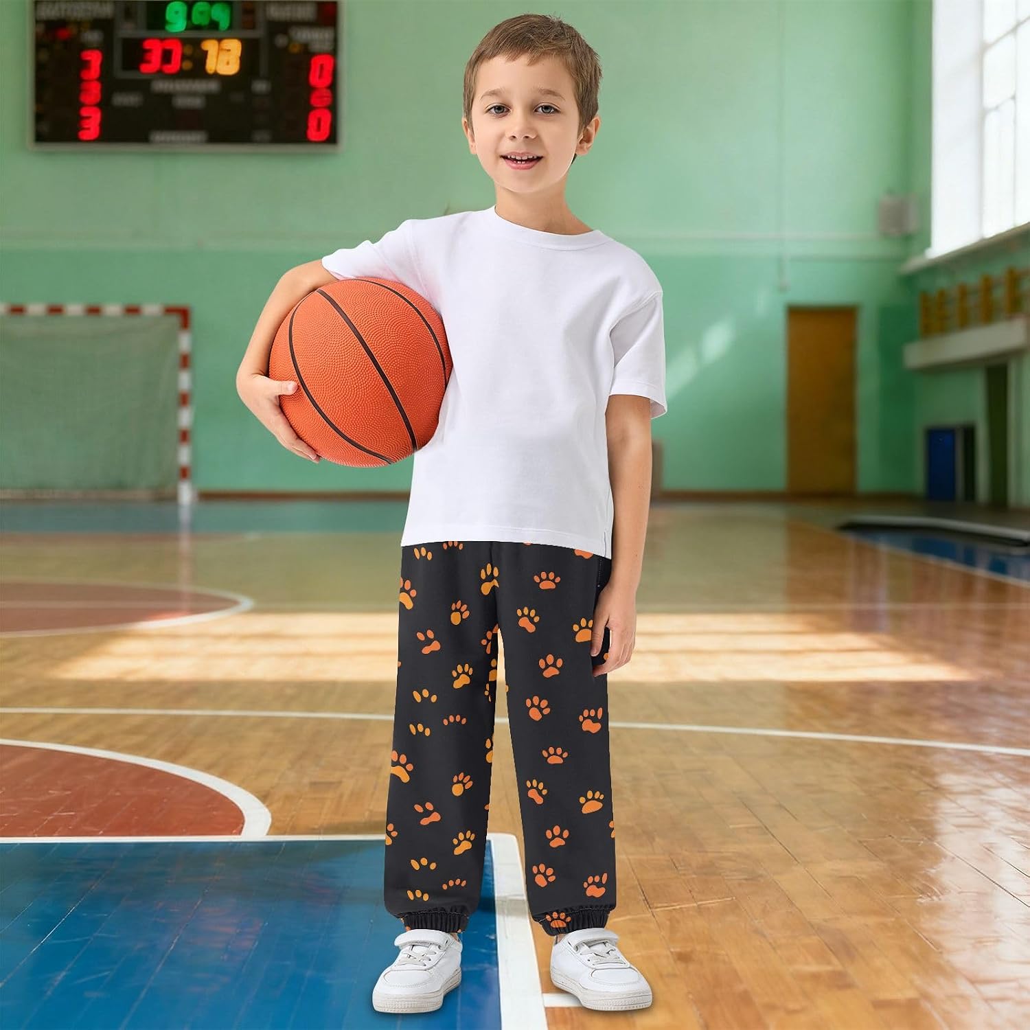 Boy Sweatpants Orange Cat Dog Paw Print Joggers Casual Athletic Pants Kids Elastic Waist Cuffed with Pockets