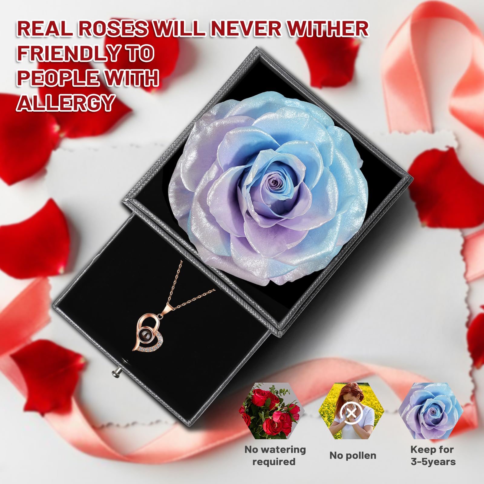 Yamonic Rosa Eterna Regalos Originales para Mujer,Rosa Eterna Natural Preservada con Collar Regalo Mujer,Flore Preservada Regalos Madres Regalo Navidad San Valentin Dia de la Madre Cumpleaños