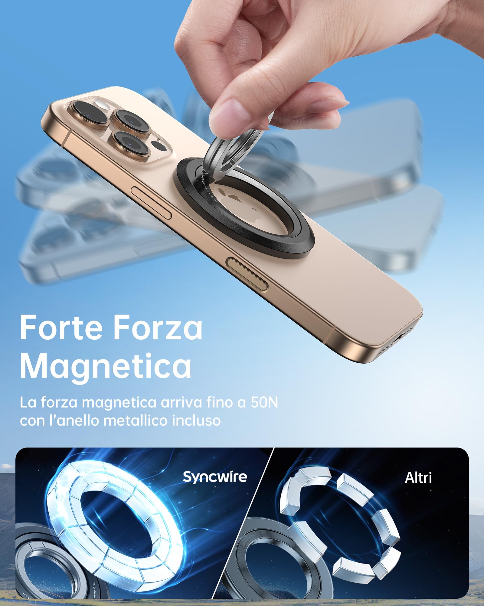 SYNCWIRE MagSafe - Supporto magnetico ad anello per telefono cellulare, rotazione a 360°, compatibile con iPhone 17, 16, 15, 14, 13, 12 Pro Max, compatibile con accessori MagSafe